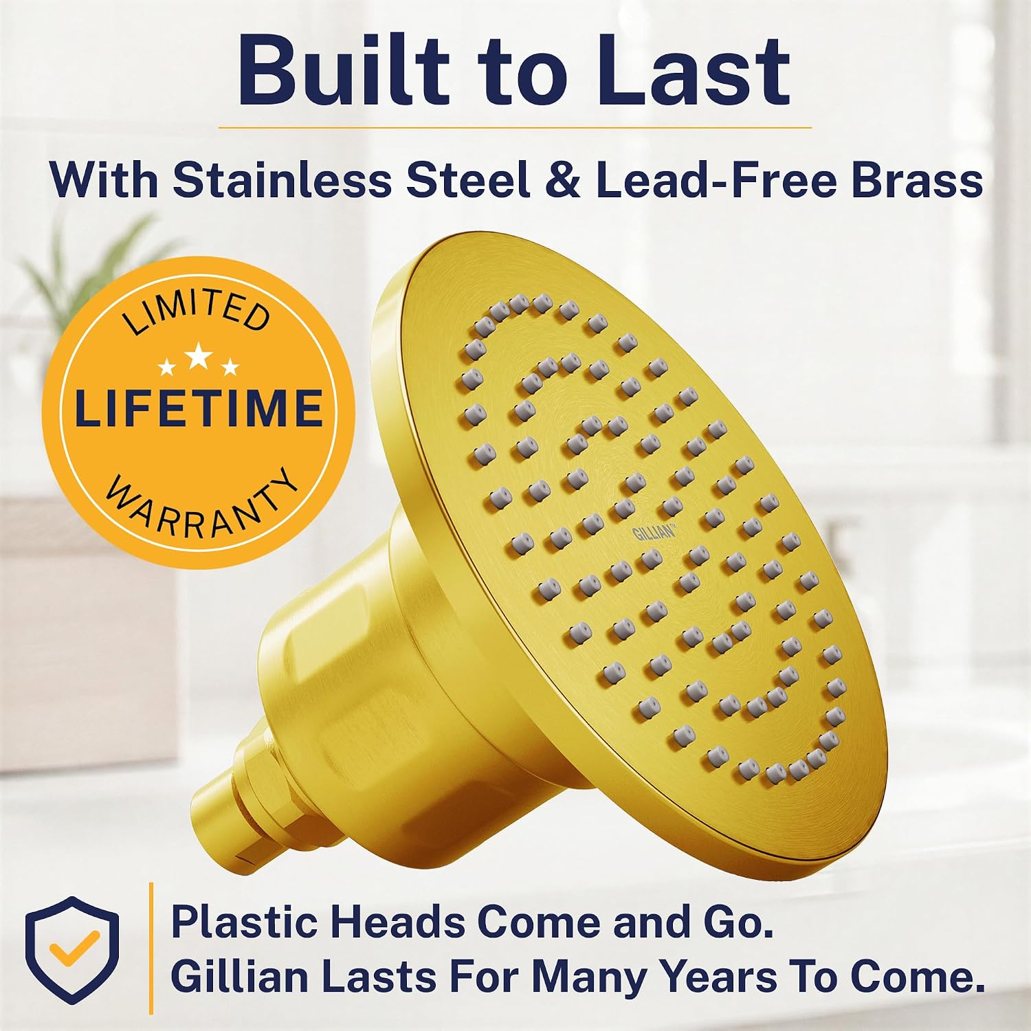 Gillian™ by HammerHead High Pressure Shower Head with Filter – Genuine KDF-55 Filtered Shower Head for Hard Water, Healthier Skin & Hair – Metal 6-Inch Rainfall Showerhead with Filters, Brushed Gold