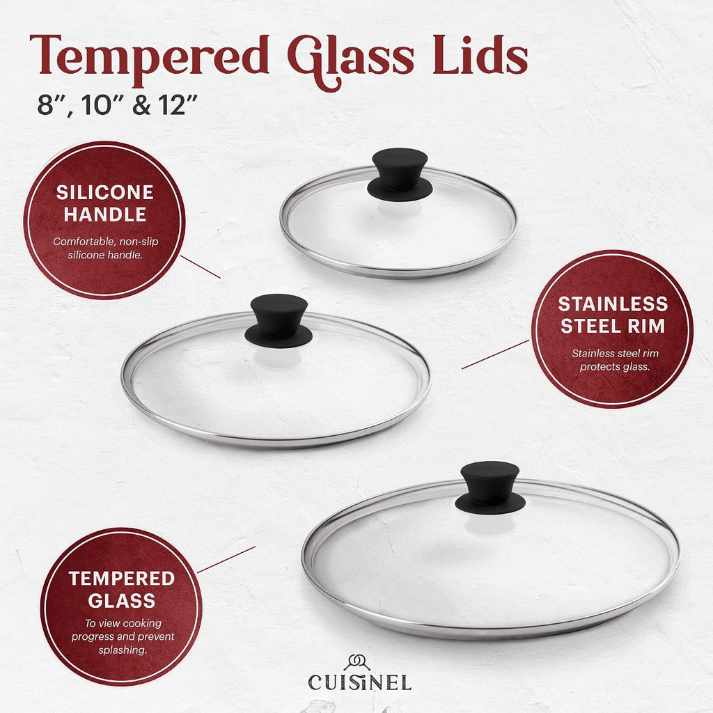 Cuisinel 8'+10'+12'-Inch Cast Iron Skillets Set with Glass Lids + Silicone Handle Holder Covers + Pan Scraper - Pre-Seasoned Oven Cookware - Use Indoor/Outdoor, Grill, Stovetop, Camping Fire, Oven