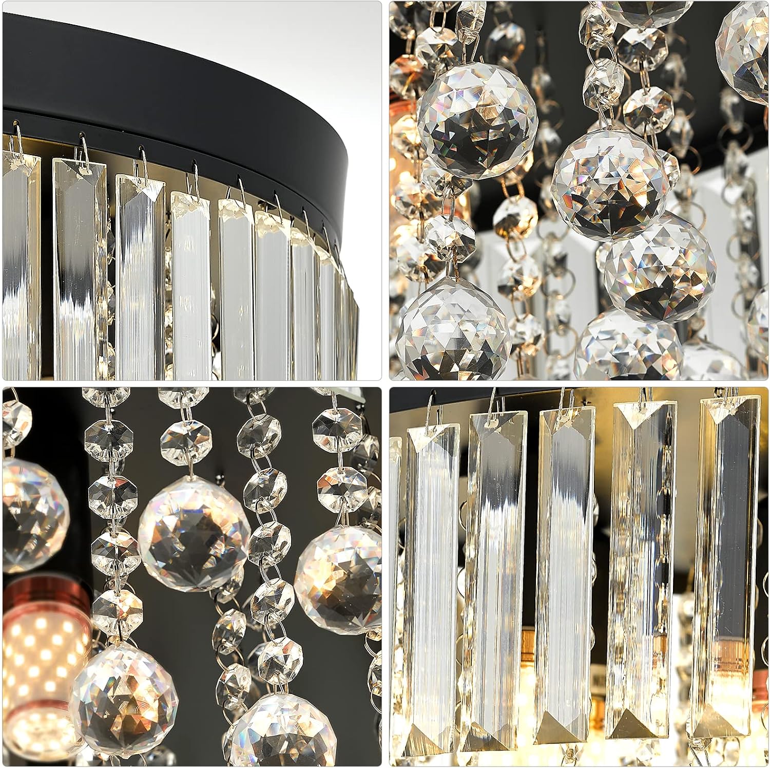 Black 9-Light Crystal Chandelier 22'' Modern Semi Flush Ceiling Crystal Hanging Light Fixture Sparkling Decoration for Entryway Bedroom Living Dining Room Kitchen Island Hallway Foyer