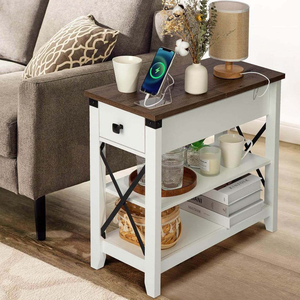 Awescuti Narrow End Table with Charging Station - Farmhouse Slim Side Table Set of 2, w/USB Ports Power Outlets, Nightstand w/Flip Top Storage Drawer, for Small Spaces Living Room Bedroom, Brown White