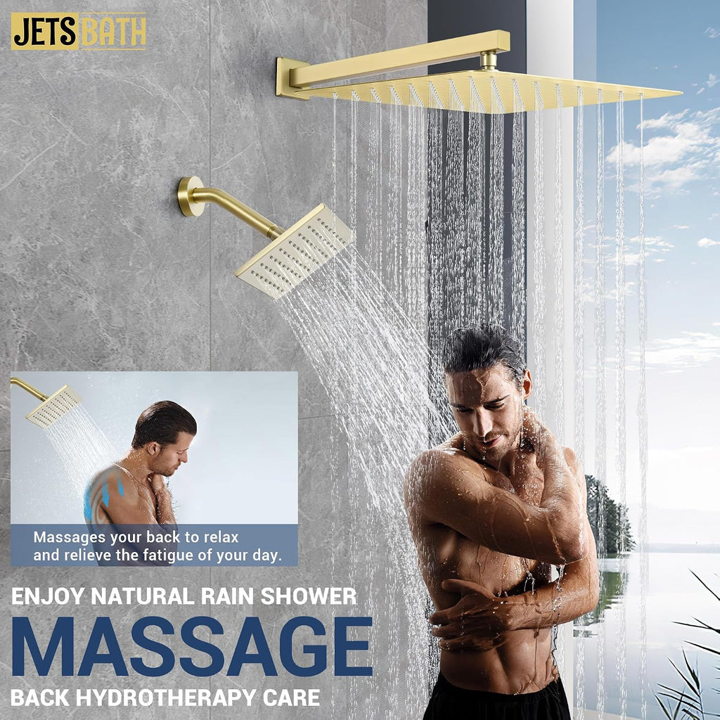 16' Thermostatic Dual Rainfall Head Shower System with Handheld & Valve, 16-Inch Shower Faucet Set with 6-Inch Shower Head, JetsBath Brushed Gold Full Body Shower System for Couples/2-Person