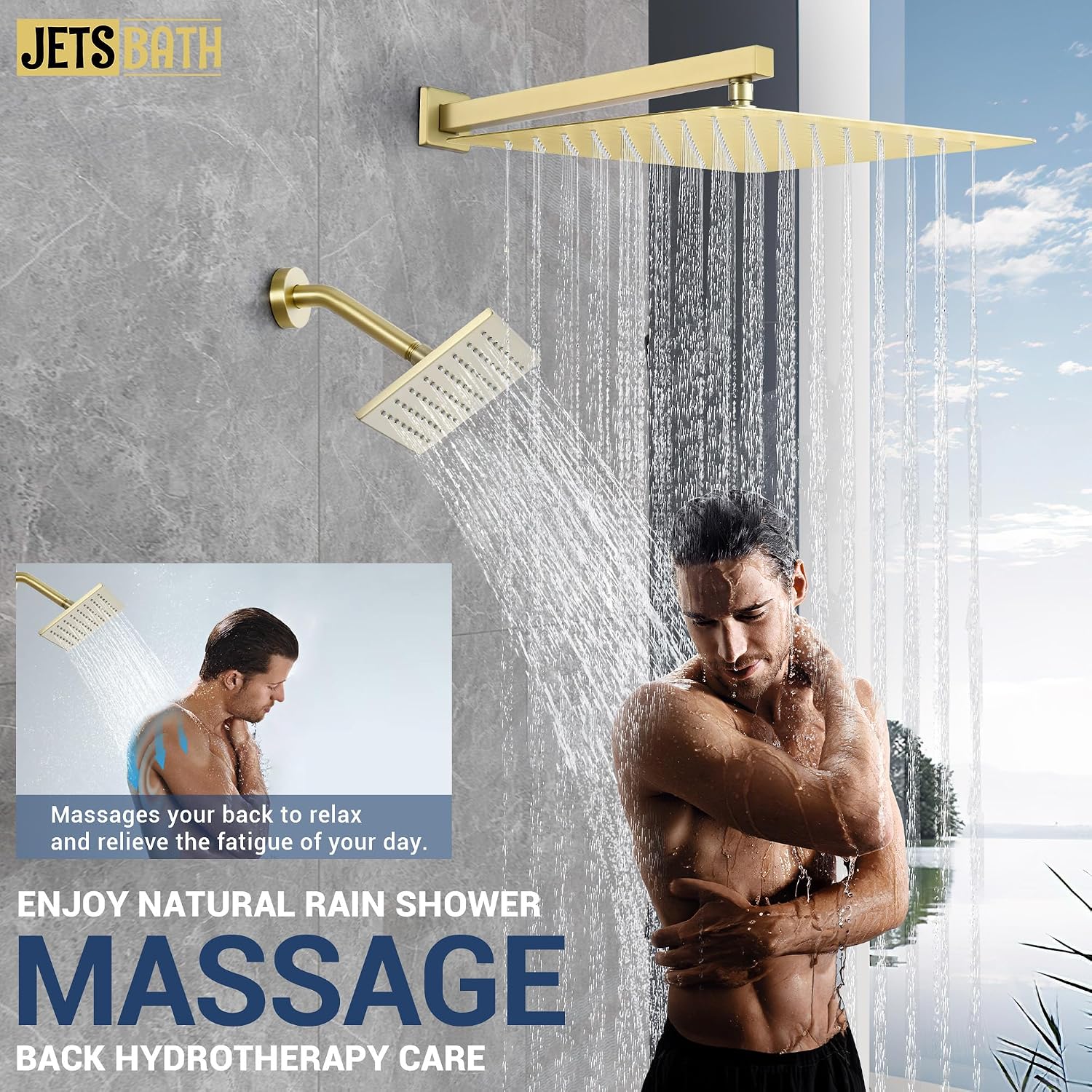 16' Thermostatic Dual Rainfall Head Shower System with Handheld & Valve, 16-Inch Shower Faucet Set with 6-Inch Shower Head, JetsBath Brushed Gold Full Body Shower System for Couples/2-Person