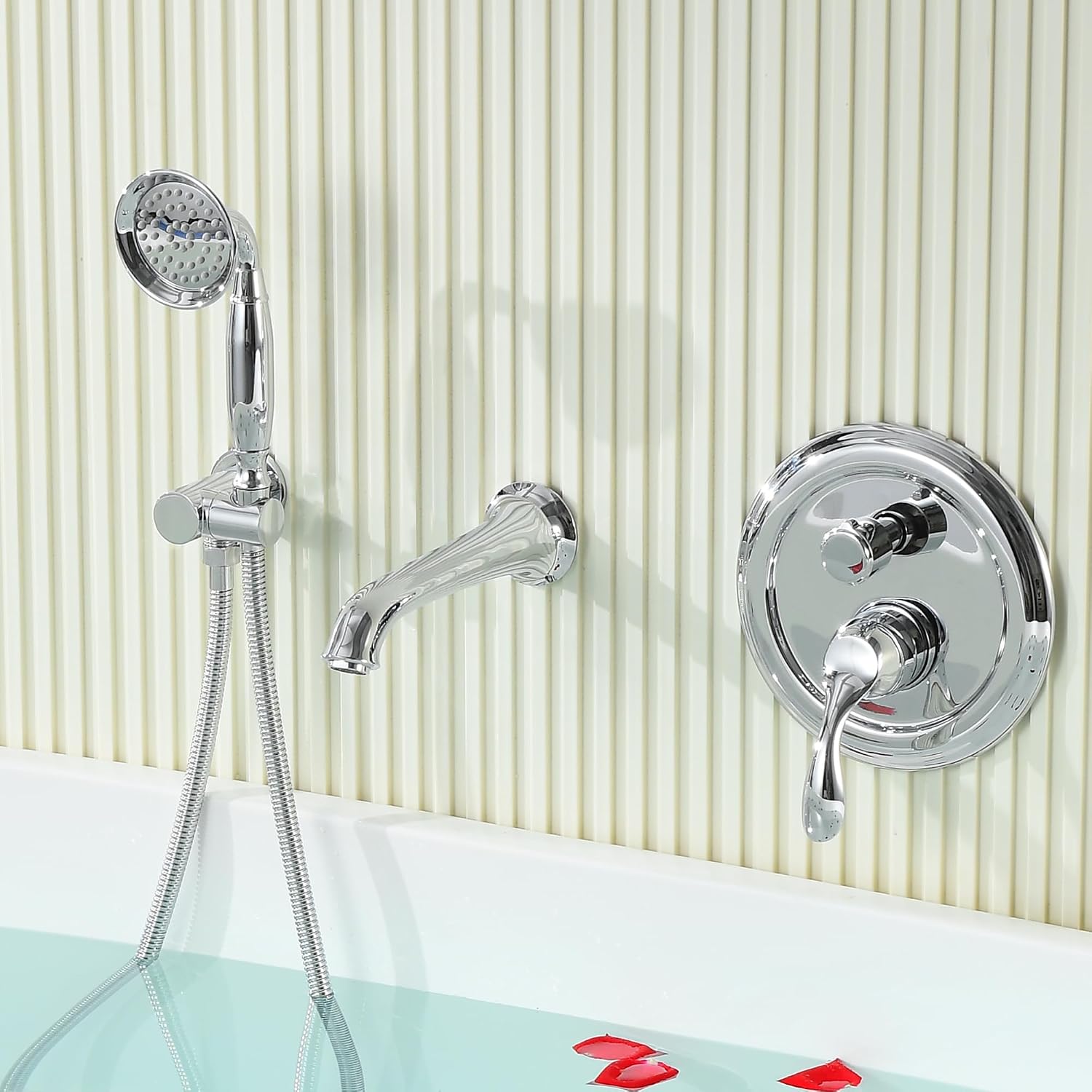 DASAN Antique Wall Mount Tub Filler Faucet with Hand Held Shower, Chrome Bathtub Faucet with Sprayer Wall Mounted Roman Bath Tub Faucet Set with High Flow Rough in Valve, AT201TF-CH