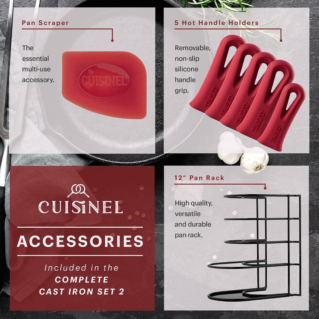 Cuisinel Cast Iron Cookware Set - Complete Pre-Seasoned Kit - 8' Skillet + 10'+12' Skillets with Glass Lid + Grill Pan + Multi-Cooker/Dutch Oven + Flat Griddle + Pizza Pan + Rack Organizer - 2024