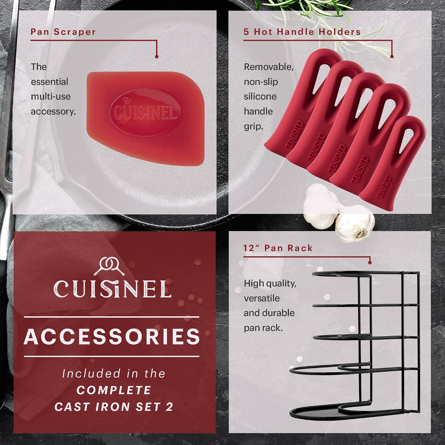 Cuisinel Cast Iron Cookware Set - Complete Pre-Seasoned Kit - 8' Skillet + 10'+12' Skillets with Glass Lid + Grill Pan + Multi-Cooker/Dutch Oven + Flat Griddle + Pizza Pan + Rack Organizer - 2024