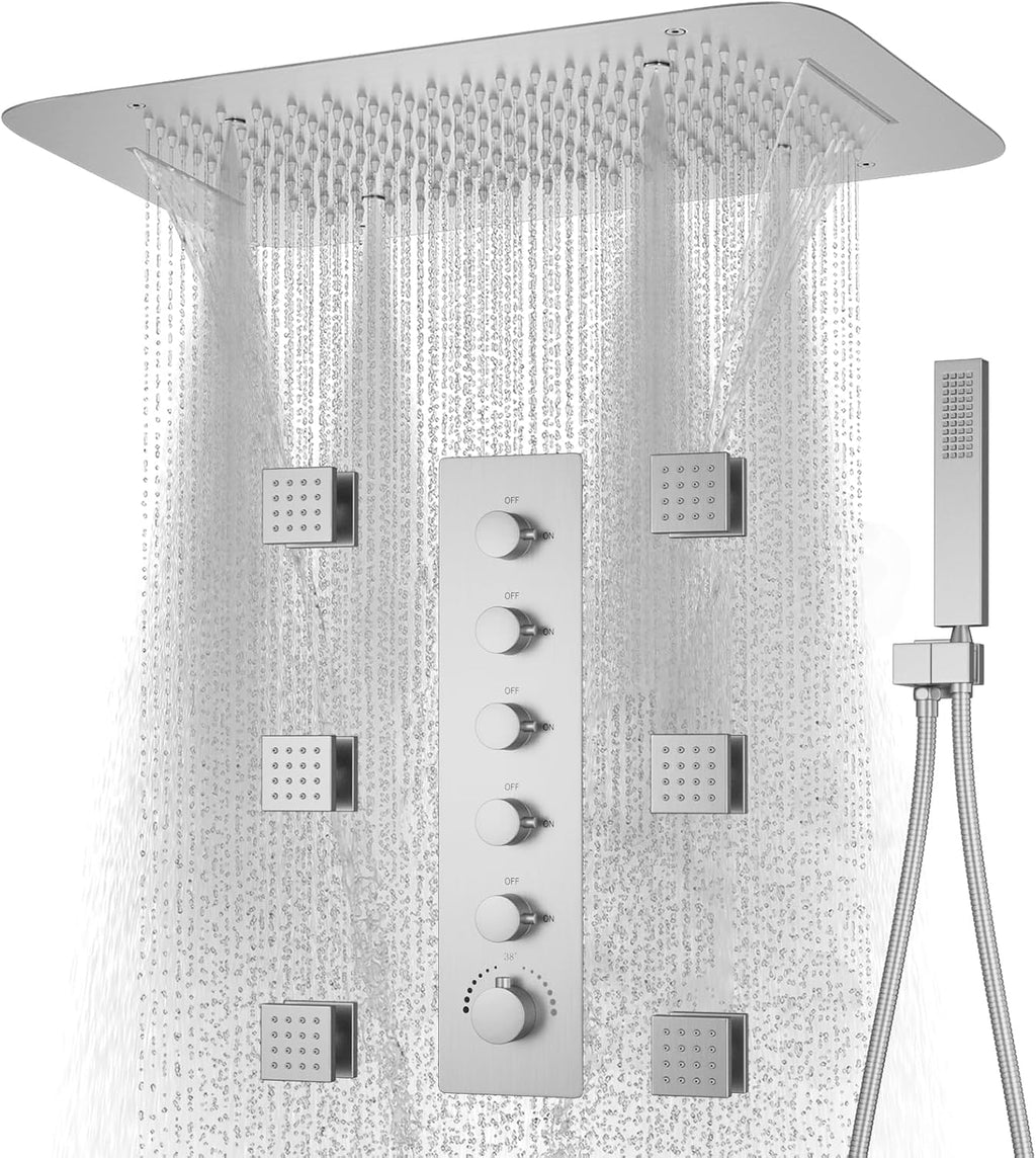 Brushed Nickel Shower Faucet System 16 X 24' 3 Functions Waterfall Mist Rainfall Ceiling Shower Head Thermostatic Full Body Shower Faucet Set Complete With Handheld And Shower Body Jet Spray