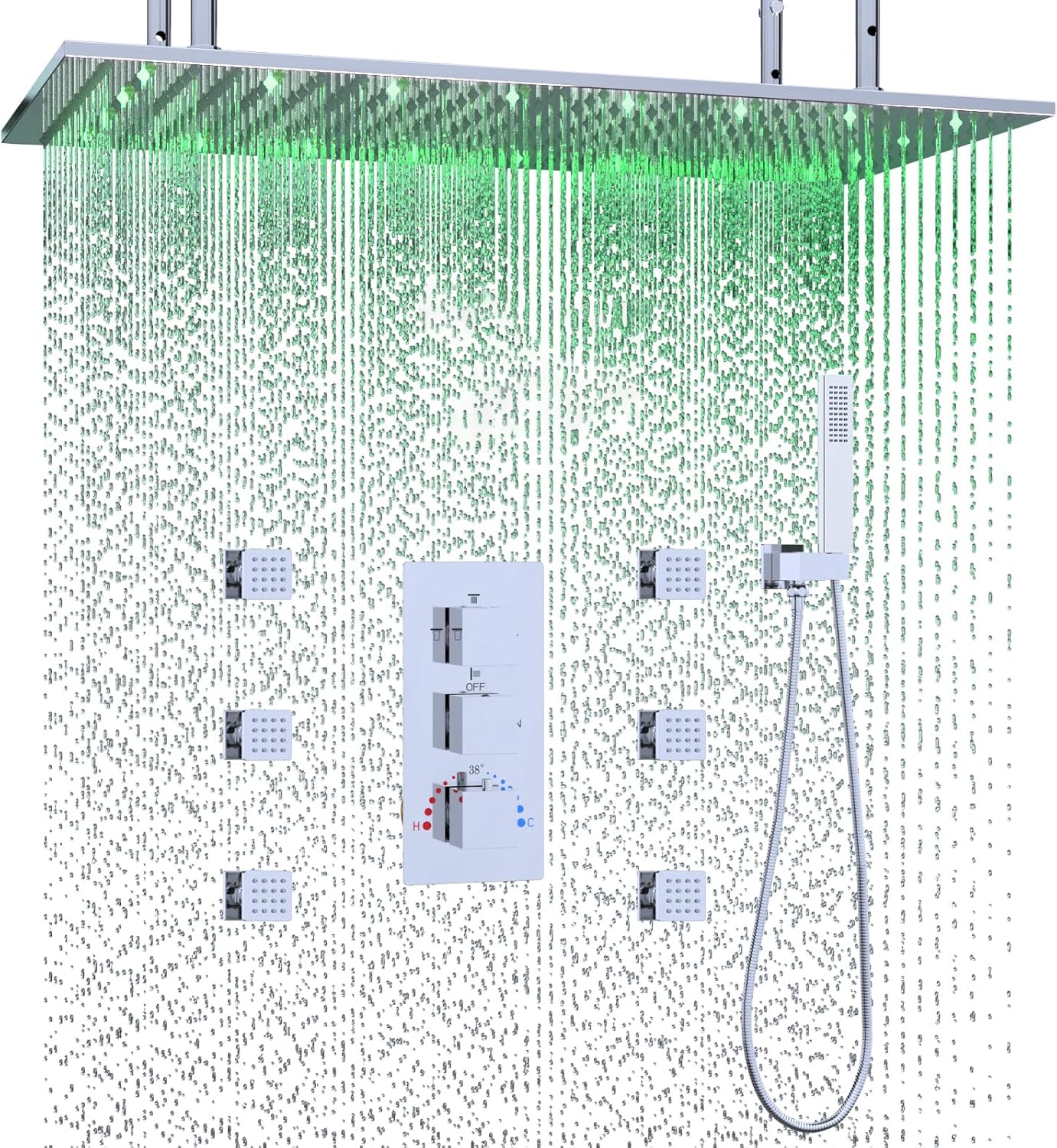 Luxury 15.7x31.5inch LED Rainfall Shower Multi Shower Head Thermostatic Shower System with Body Spray, Chrome