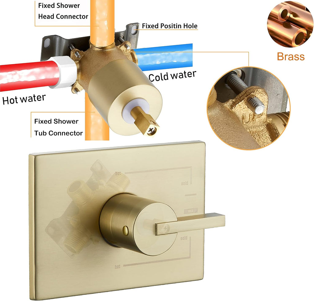 SOOOHOT Brushed Gold Shower Fixtues, Tub and Shower Faucet Set Combo with 12 Inch Gold Shower Head and Tub Spout, Gold Shower Head and Handle Set (Valve Included)