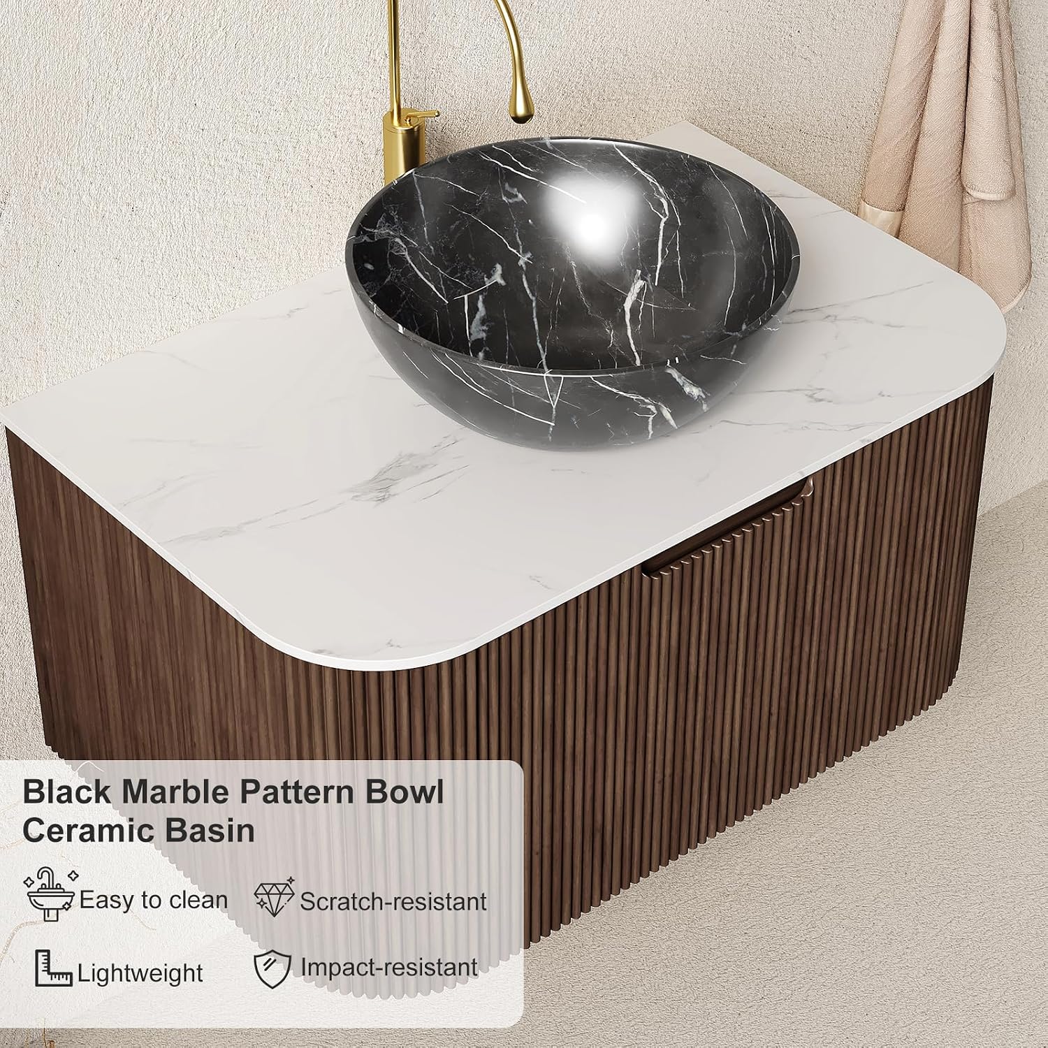 24' Floating Bathroom Vanity with Sink, Modern Wall-Mounted Bathroom Cabinet with Ultra-Thin Ceramic Black Basin and Marble Top, Extra Large Storage Drawer, Soft-Close Design, Dark Walnut