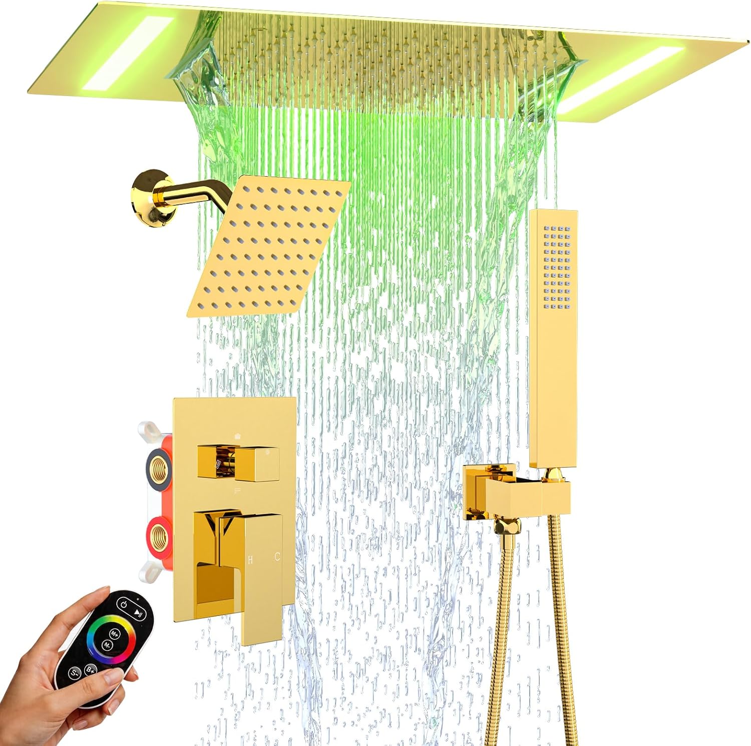 ENGA Bright Gold Dual Rain Shower Head System, 2 In 1 Functions Ceiling Mount 14x20inch LED Shower Head with 6 Inch Shower Head, Rainfall Waterfall Shower Faucet Set