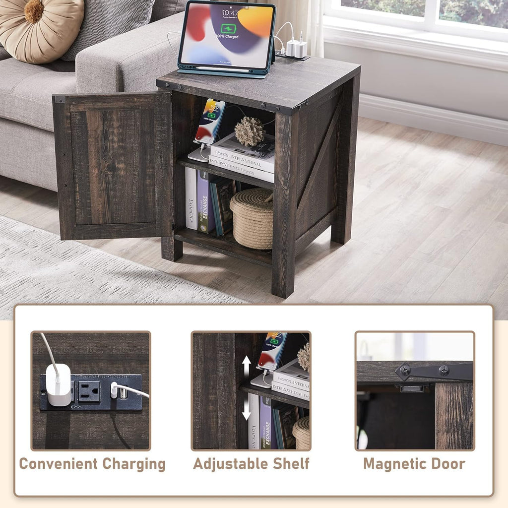 OKD Farmhouse Nightstand Set of 2, 18 Inch Rustic End Table with Charging Station, Barn Door, Adjustable Storage Shelf, Wood Sofa Side Table for Living Room, Bedroom, Dark Rustic Oak