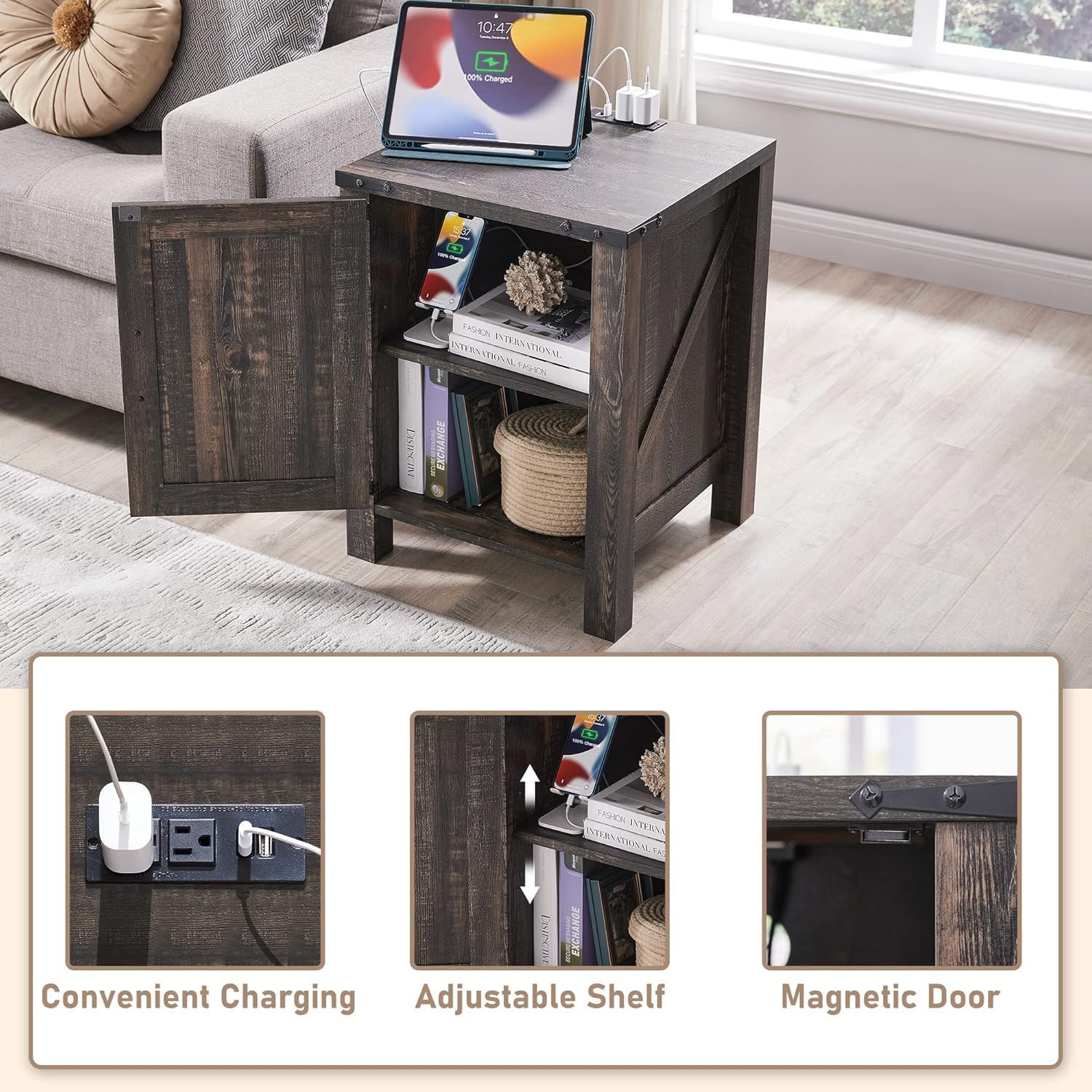 OKD Farmhouse Nightstand Set of 2, 18 Inch Rustic End Table with Charging Station, Barn Door, Adjustable Storage Shelf, Wood Sofa Side Table for Living Room, Bedroom, Dark Rustic Oak