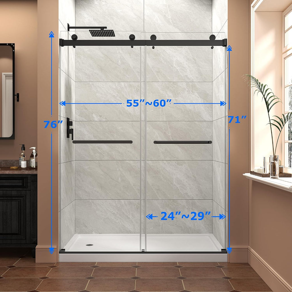 Frameless Shower Door,55-60' W x 76' H Sliding Glass Shower Door,5/16'(8mm) Thick Tempered Clear Glass with Explosion-Proof Film Nano Coating,Waterproof Strip,Matte Black