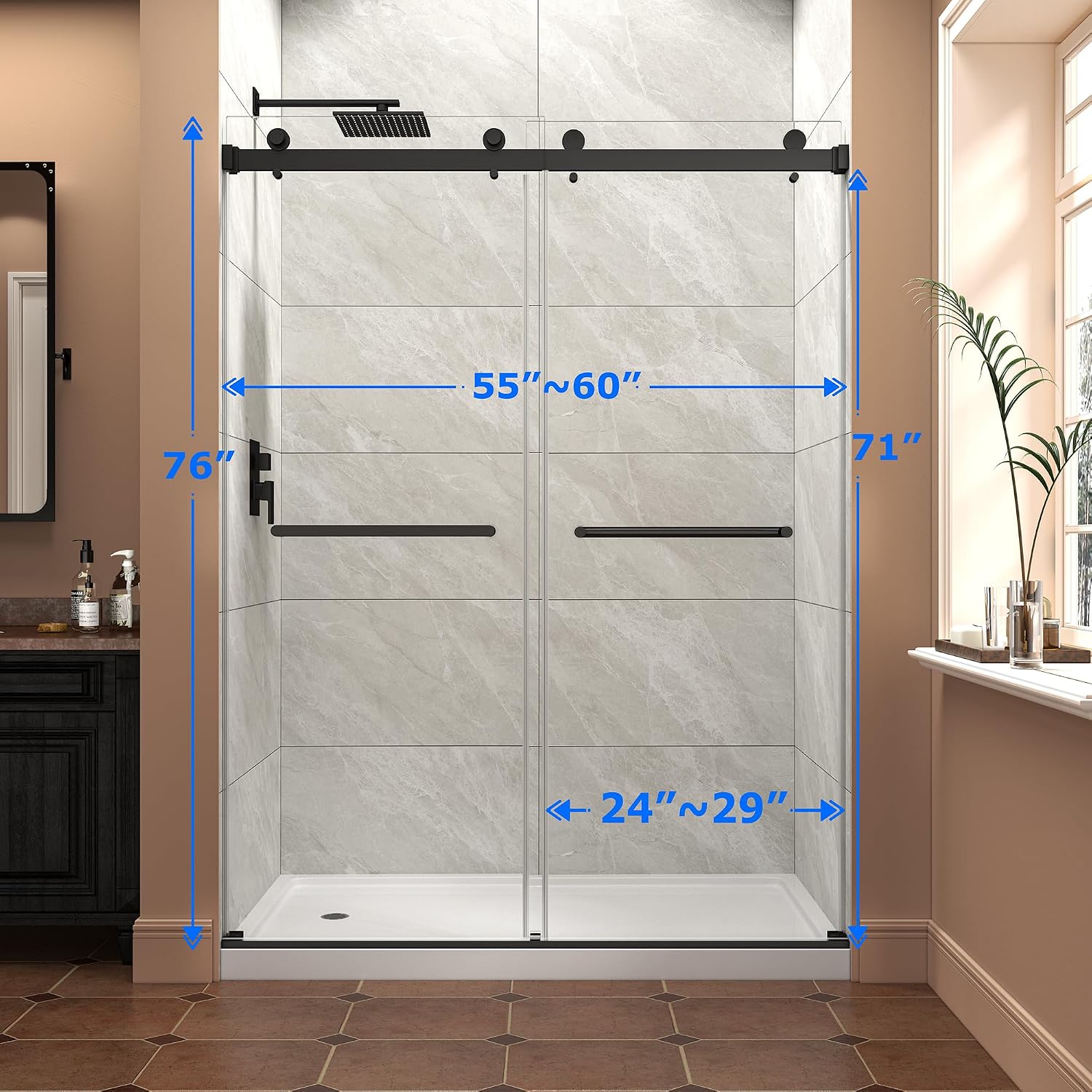 Frameless Shower Door,55-60' W x 76' H Sliding Glass Shower Door,5/16'(8mm) Thick Tempered Clear Glass with Explosion-Proof Film Nano Coating,Waterproof Strip,Matte Black