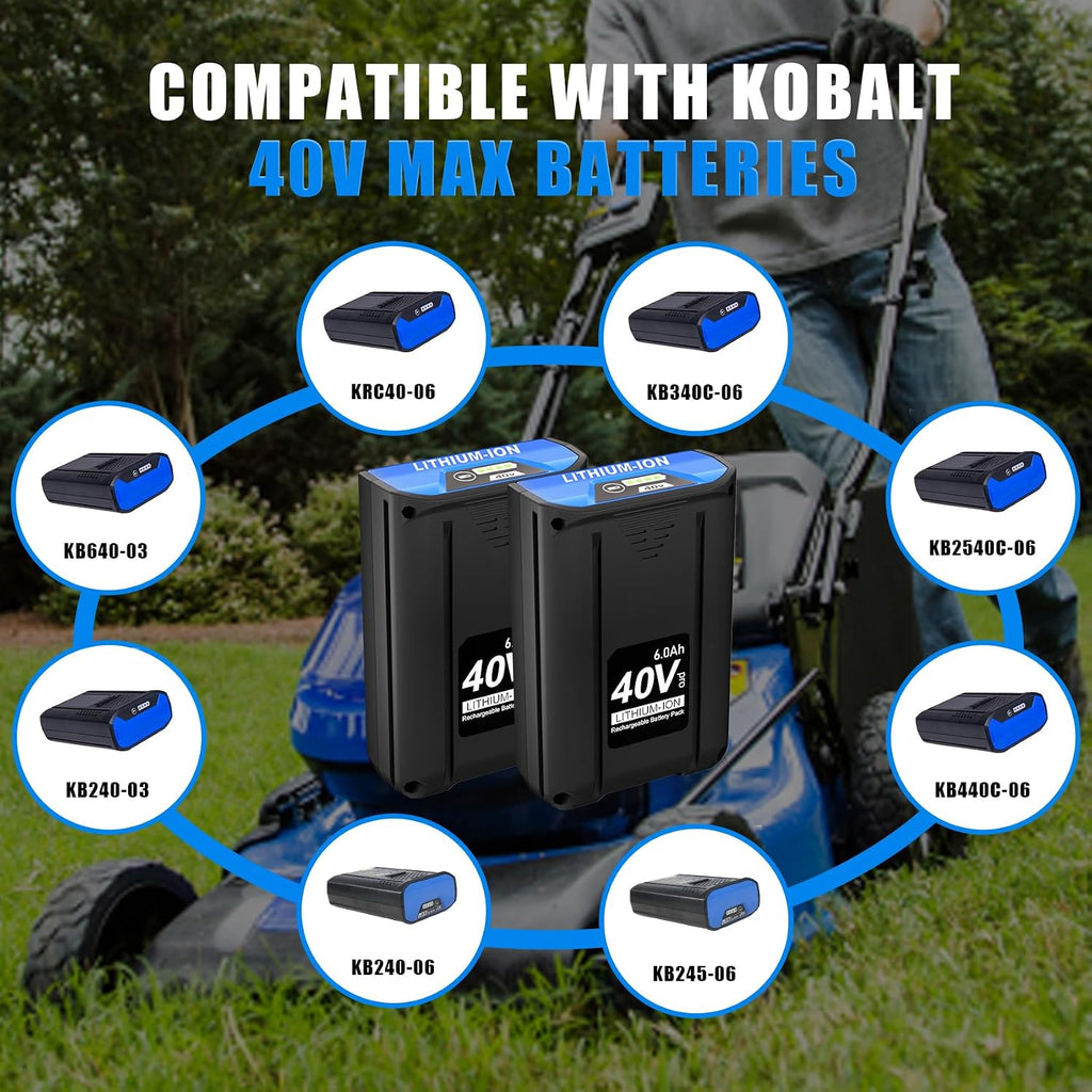 2-Pack 40V 6.0Ah Replacement Battery for Kobalt KB640-06 KB640-03 KB440-03 KB240-06 KB240-03 KB245-06 KB2540C-06 KRC40-06 KB440C-06 KB340C-06, Compatible with 40-Volt Max Cordless Power Tool & Charger