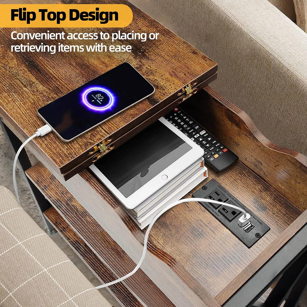 TooCust Flip Top End Table with Charging Station Set of 2, 12' D×21' W×26' H Small Side Tables with Storage & Shelves, Compact Side Table for Small Spaces, End Tables Living Room Set of 2, Brown