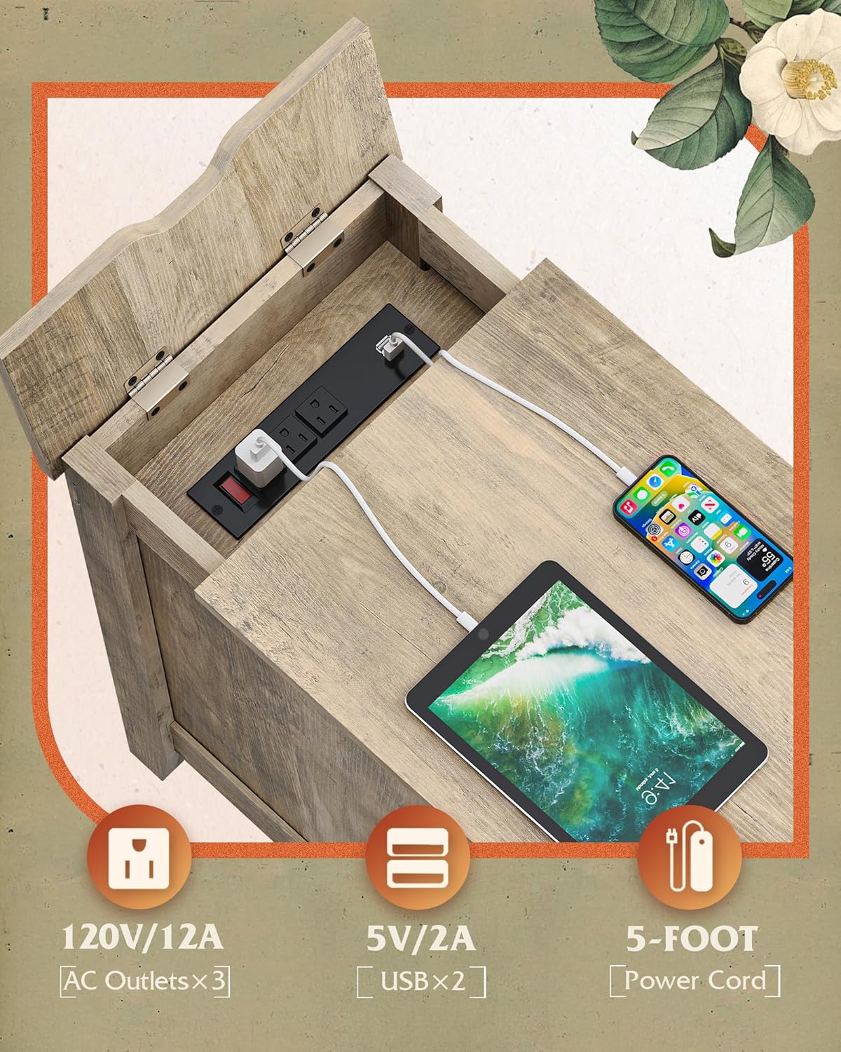 WLIVE End Table with Charging Station, Narrow Side Table for Living Room, Farmhouse Night Stand with Storage, Small Wooden Cabinet Nightstand with USB Ports and Outlets