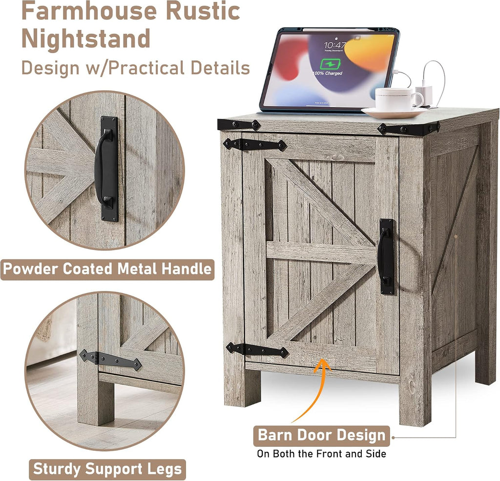 OKD Nightstand with Charging Station, 18 Inch Farmhouse End Table with Barn Door and Adjustable Storage Shelf, Rustic Wood Sofa Side Table w/Magnetic Door for Living Room, Bedroom, Light Rustic Oak