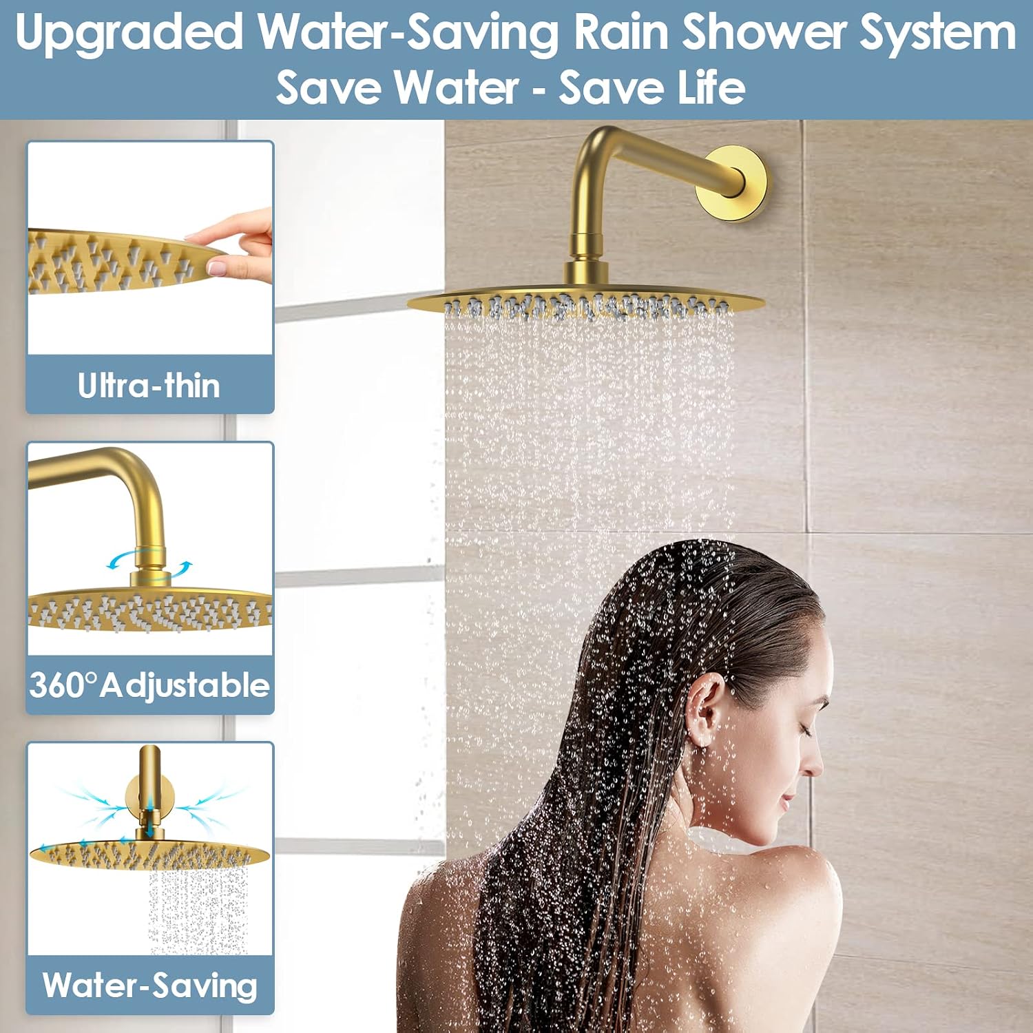 Shower System with Tub Spout: EVERSTEIN Shower Faucet Set Complete, 3-Function Wall Mount 10 Inch High Pressure Round Rain Shower Head with Handheld Sprayer, Tub and Shower Faucet Combo (Brushed Gold)