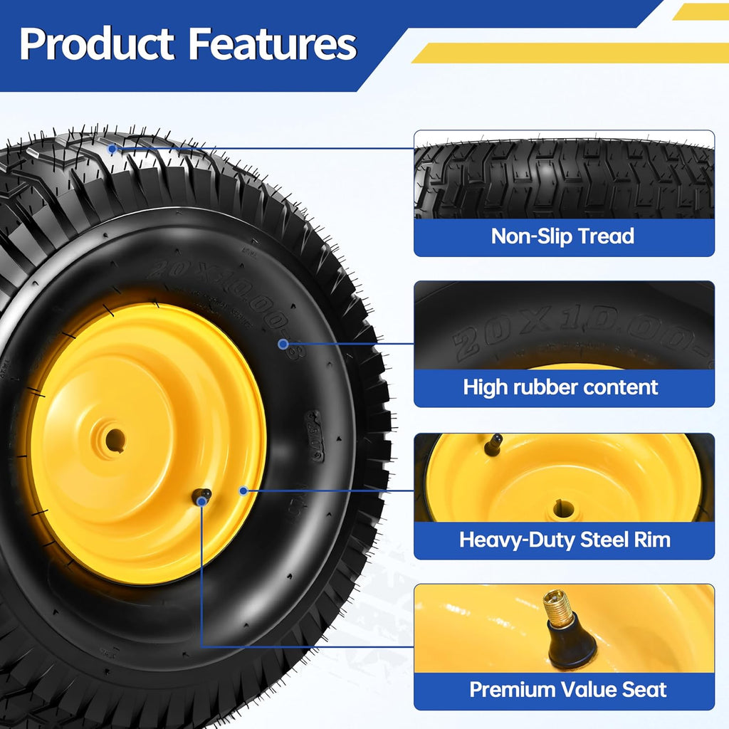 2 Pcs 20x10.00-8 Tubeless Lawn Mower Tire and Wheel, 20x10-8 Air-Filled Rear Tire and Rim Assembly for Riding Mowers, Lawn Tractors, Garden Tractors, 3/4' Bore, 3/16' Keyway, 3.5' Offset Hub, 4 Ply
