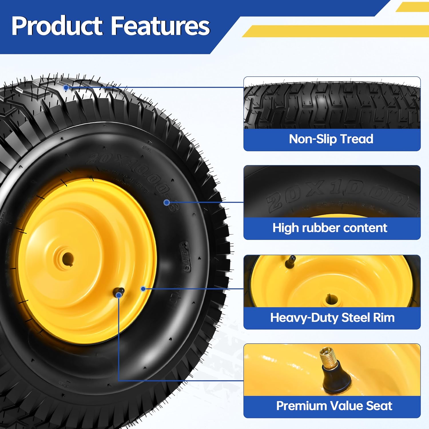 2 Pcs 20x10.00-8 Tubeless Lawn Mower Tire and Wheel, 20x10-8 Air-Filled Rear Tire and Rim Assembly for Riding Mowers, Lawn Tractors, Garden Tractors, 3/4' Bore, 3/16' Keyway, 3.5' Offset Hub, 4 Ply