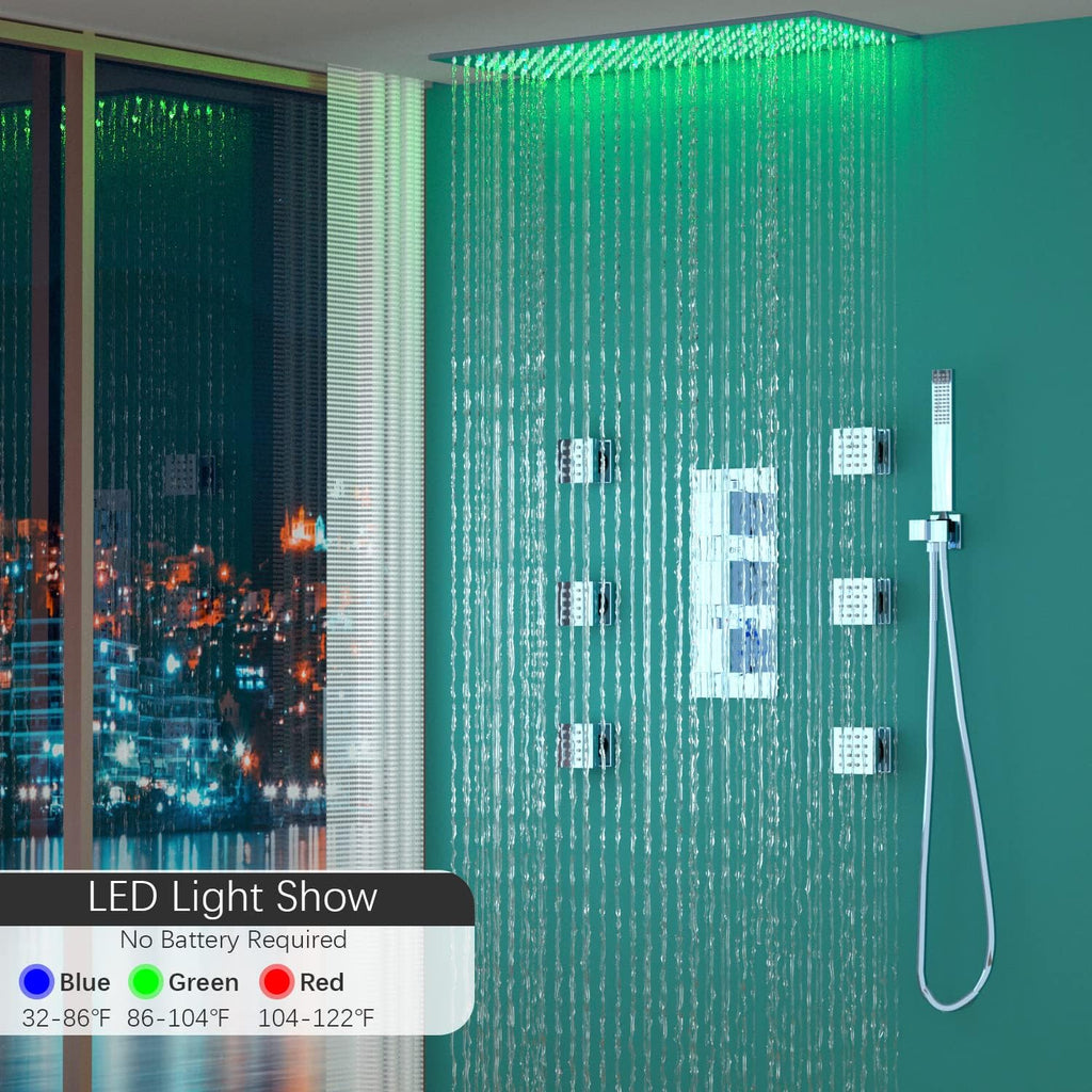 Luxury 15.7x31.5inch LED Rainfall Shower Multi Shower Head Thermostatic Shower System with Body Spray, Chrome