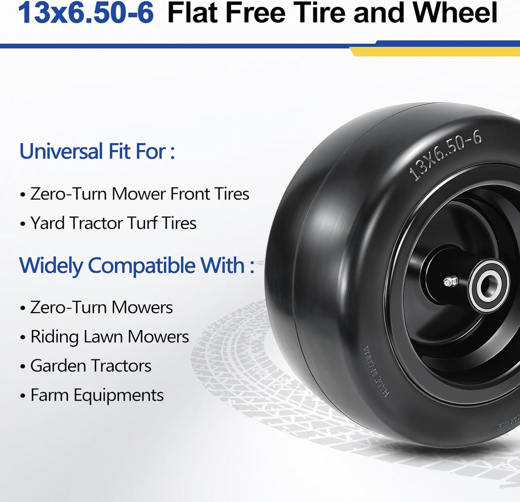 2 Pcs 13x6.50-6 Flat Free Lawn Mower Tire and Wheel, with 3/4' Bearings & Extra 1/2' & 5/8' Sleeves, 5.5'-7.88' Centered Hub, 13x6.5-6 Solid Smooth Front Tire for Zero Turn Lawn Mowers, 500lbs Load