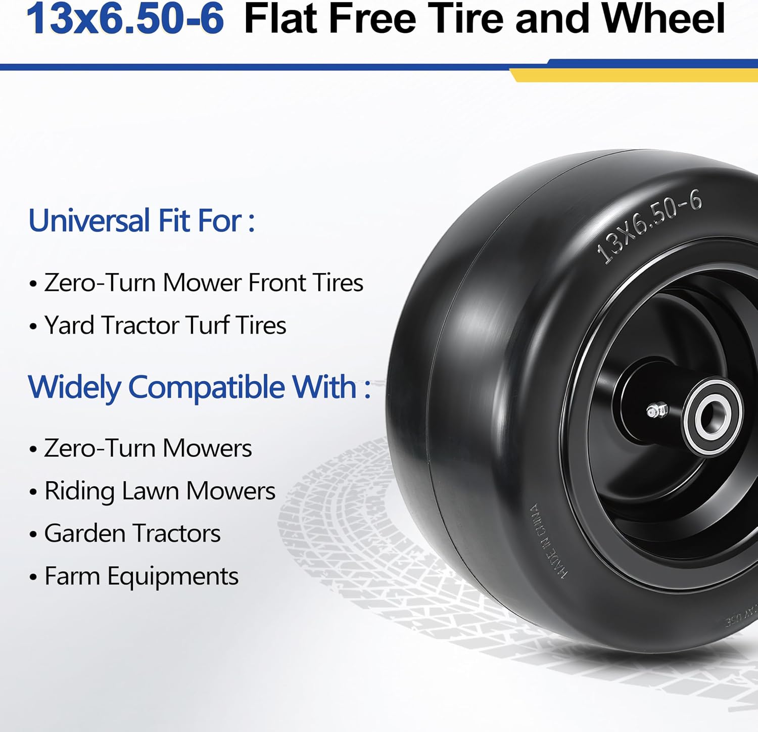 2 Pcs 13x6.50-6 Flat Free Lawn Mower Tire and Wheel, with 3/4' Bearings & Extra 1/2' & 5/8' Sleeves, 5.5'-7.88' Centered Hub, 13x6.5-6 Solid Smooth Front Tire for Zero Turn Lawn Mowers, 500lbs Load