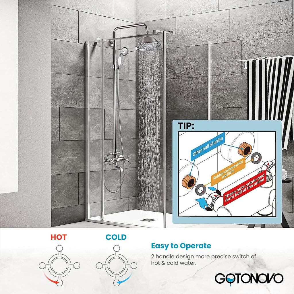 gotonovo Bathroom Exposed Shower Faucet Outdoor Shower System 8 Inch Rainfall Shower Head Set with Tub Spout and Handheld Spray Double Cross Handles Wall Mount without Shower Shelf Brushed Nickel
