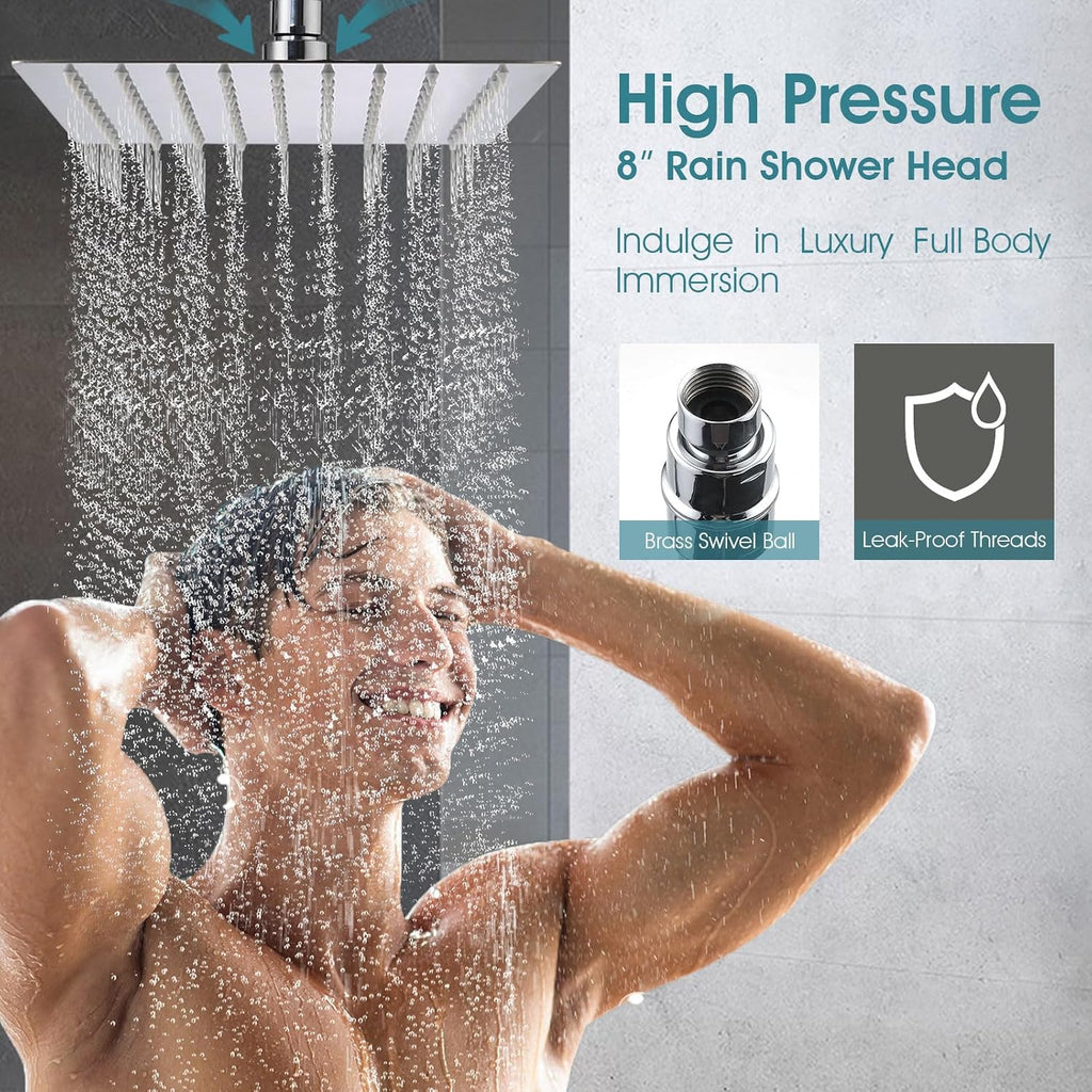 8' Rain Shower Faucet for 13/14 Series Tub Trim Kit, High Pressure Square Rain Shower Head& Handle Set (Valve& Catridge Not Inclued) (Without Tub Spout, Chrome)