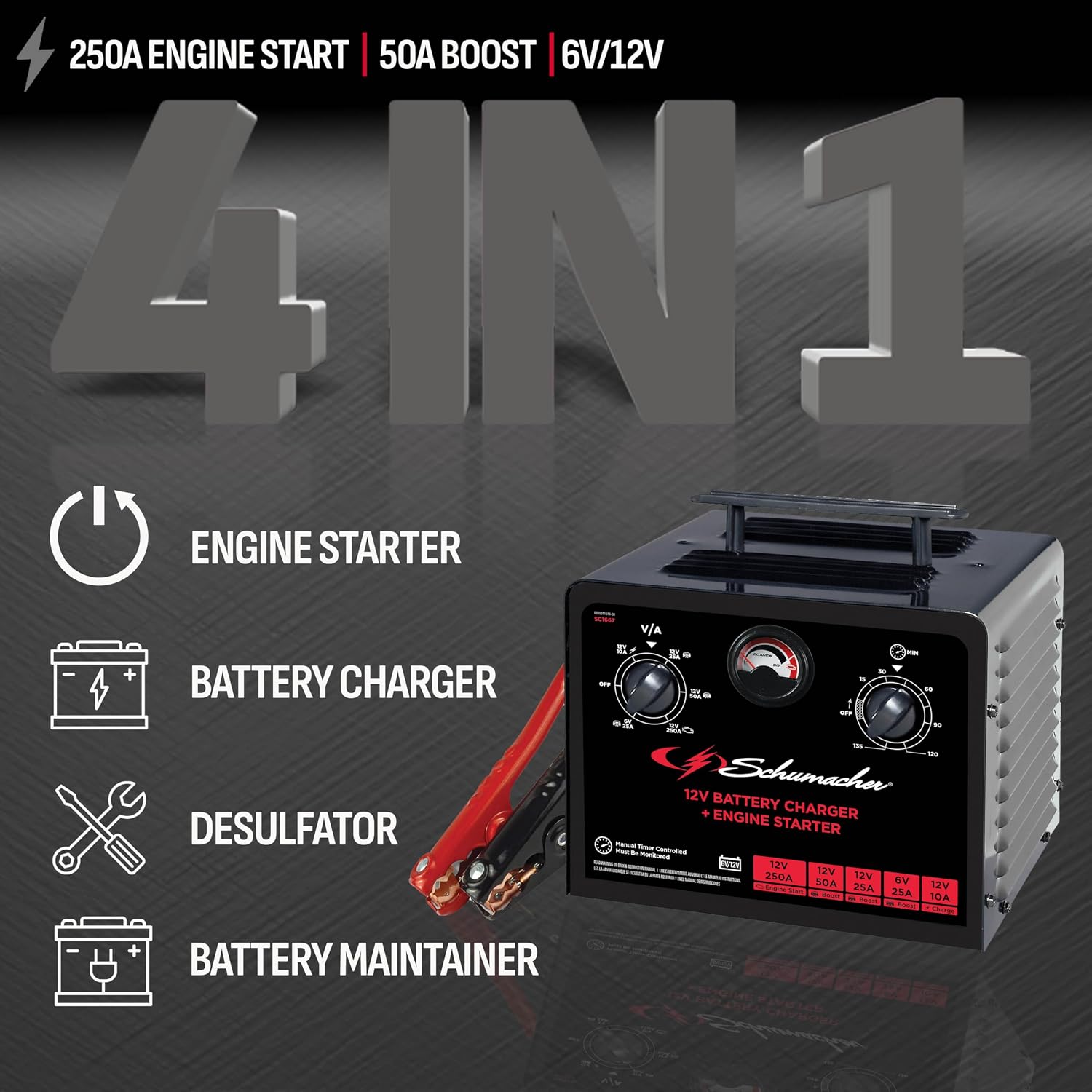 Schumacher Electric 6V/12V Time Controlled Battery Charger & Engine Starter - Precision Controlled Charger with 135-minute Timer & Overload Protection - 250 Cranking Amps & 3 Boost Modes - SC1667