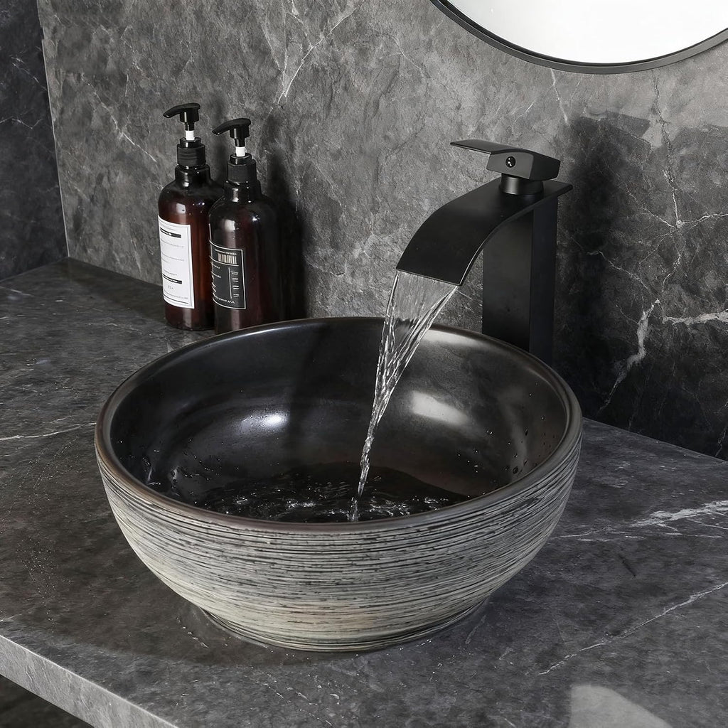 14 Inch Black Round Bathroom Vessel Sink with Waterfall Faucet and Pop-Up Drain Combo,Ceramic Vessel Sink Above Counter Round Bathroom Sink Bowl,Small Sink for Bathroom