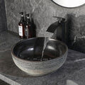 14 Inch Black Round Bathroom Vessel Sink with Waterfall Faucet and Pop-Up Drain Combo,Ceramic Vessel Sink Above Counter Round Bathroom Sink Bowl,Small Sink for Bathroom