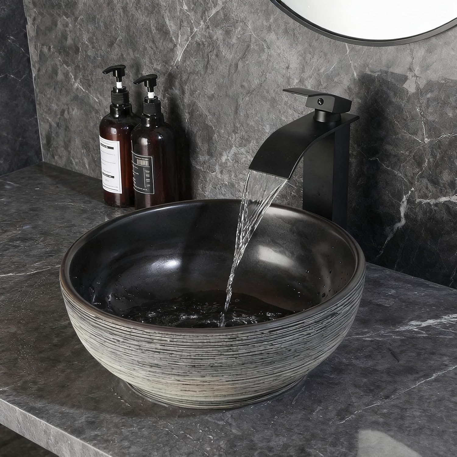 14 Inch Black Round Bathroom Vessel Sink with Waterfall Faucet and Pop-Up Drain Combo,Ceramic Vessel Sink Above Counter Round Bathroom Sink Bowl,Small Sink for Bathroom