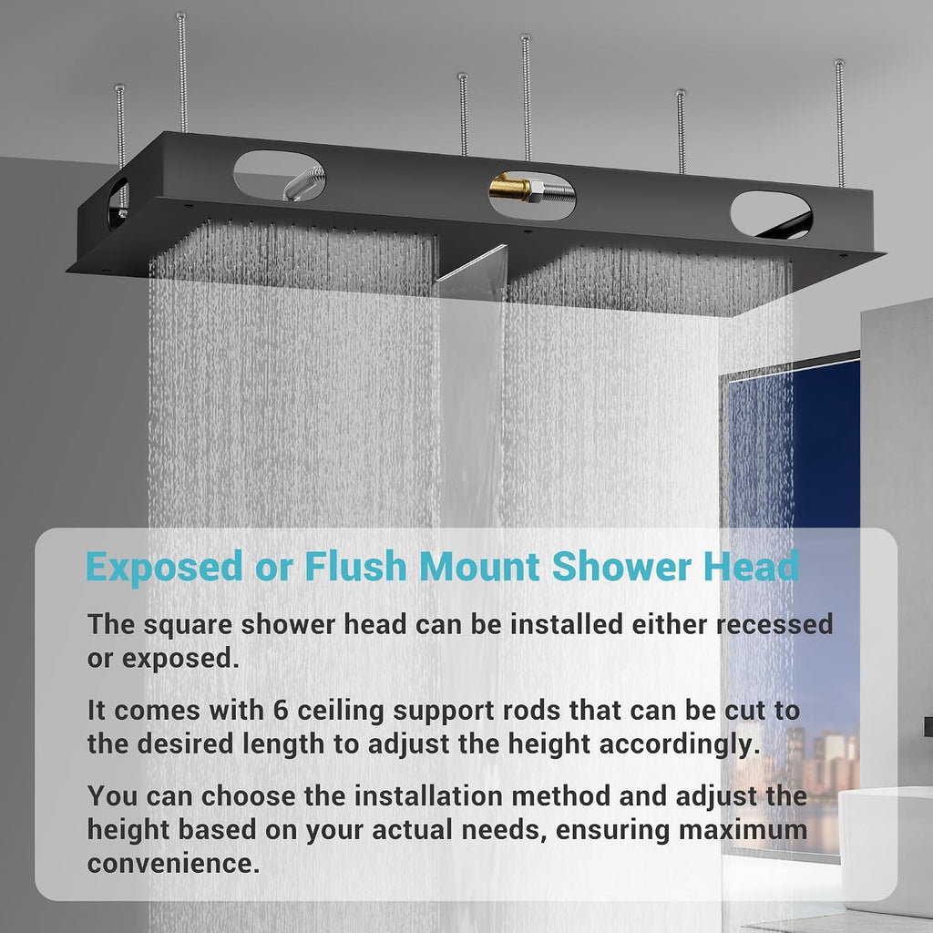 Luxury Dual-Zone Rain & Waterfall Shower Head for 2-Person, Matte Black Thermostatic Shower System with 32-Inch Flush Mount Shower, Full body Shower Faucet Set with Handheld Sprayer & 6 Jets