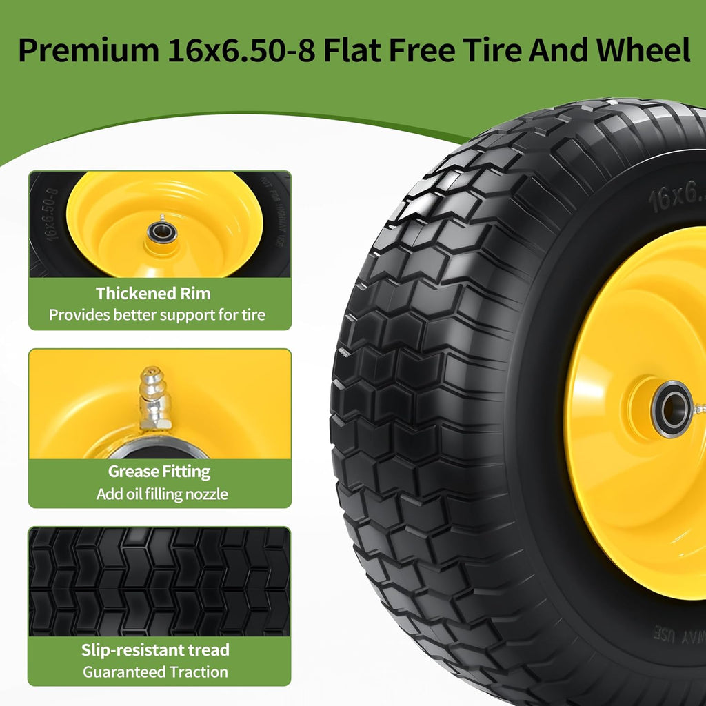 2 PCS 16x6.50-8 Flat Free Riding Lawn Mower Tire and Wheel with 1' Bushing, 3/4'Bearing，3-5'Offset Hub, Relacement 16x6.5-8 Solid Turf Tire with Rim for Lawn Mowers and Garden Tractor Front Assembly