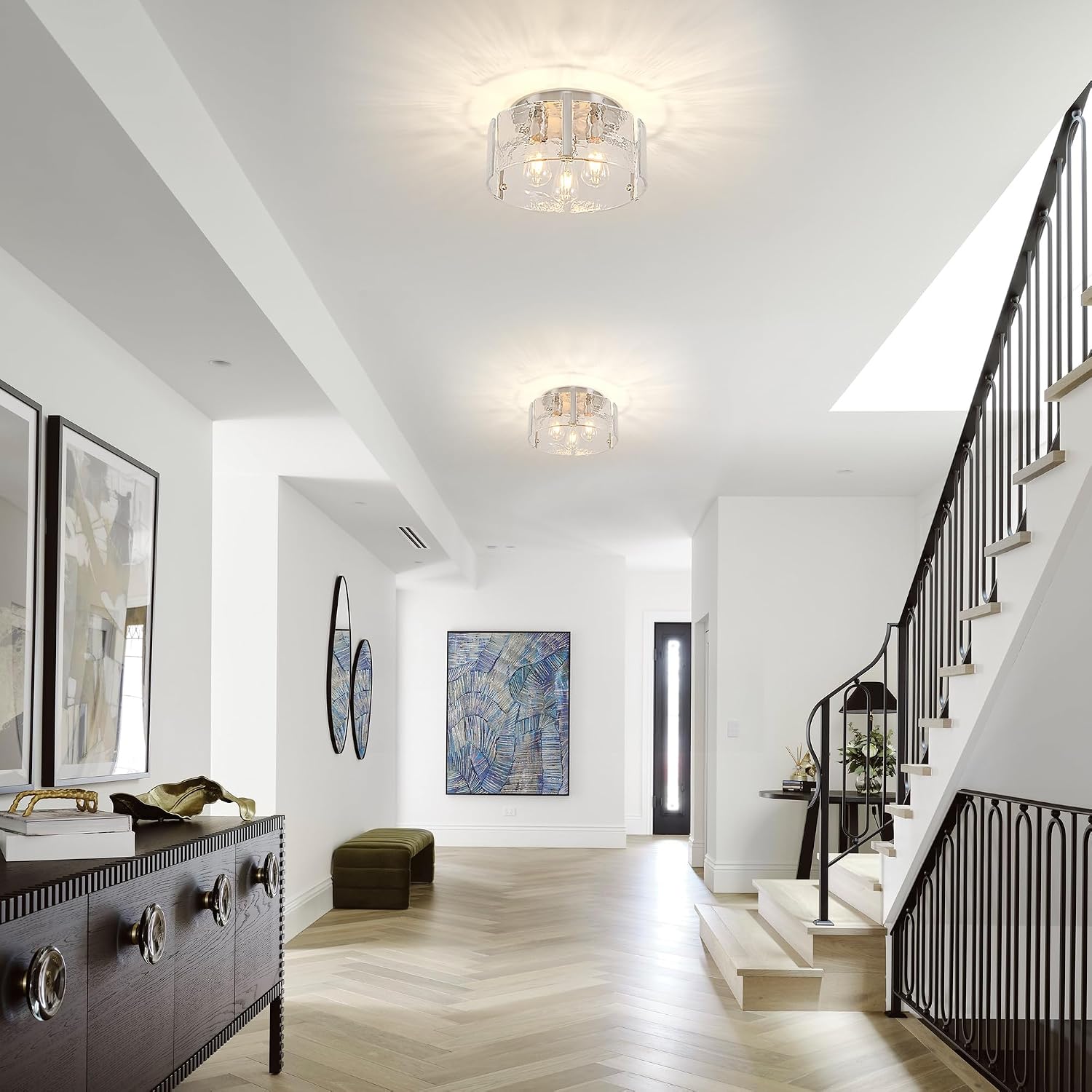 14.9 Inch Modern Semi Flush Mount Ceiling Light, Nickel Glass Ceiling Light Fixture 3-Light Kitchen Island Light Fixtures Ceiling Light for Foyer Hallway Bedroom Laundry Entryway Lighting Fixtures