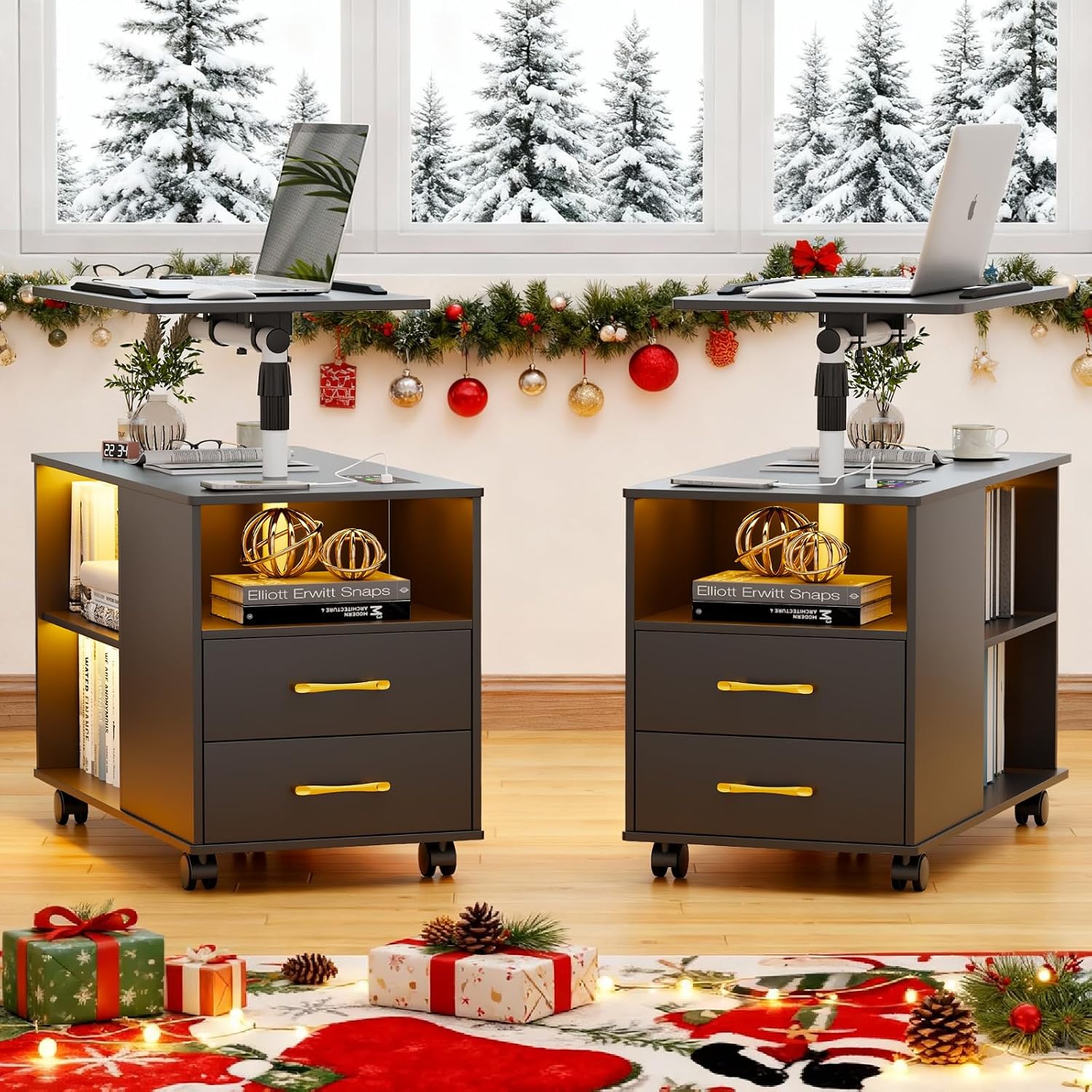 Set of 2 Night Stand with 360° Laptop Tray,Nightstand with Charging Station,Modern Bedside Table with 24-Color Human Sensor Lights,Large End Table w/ 2 Drawers,3 Shelves,5 Wheels,Black