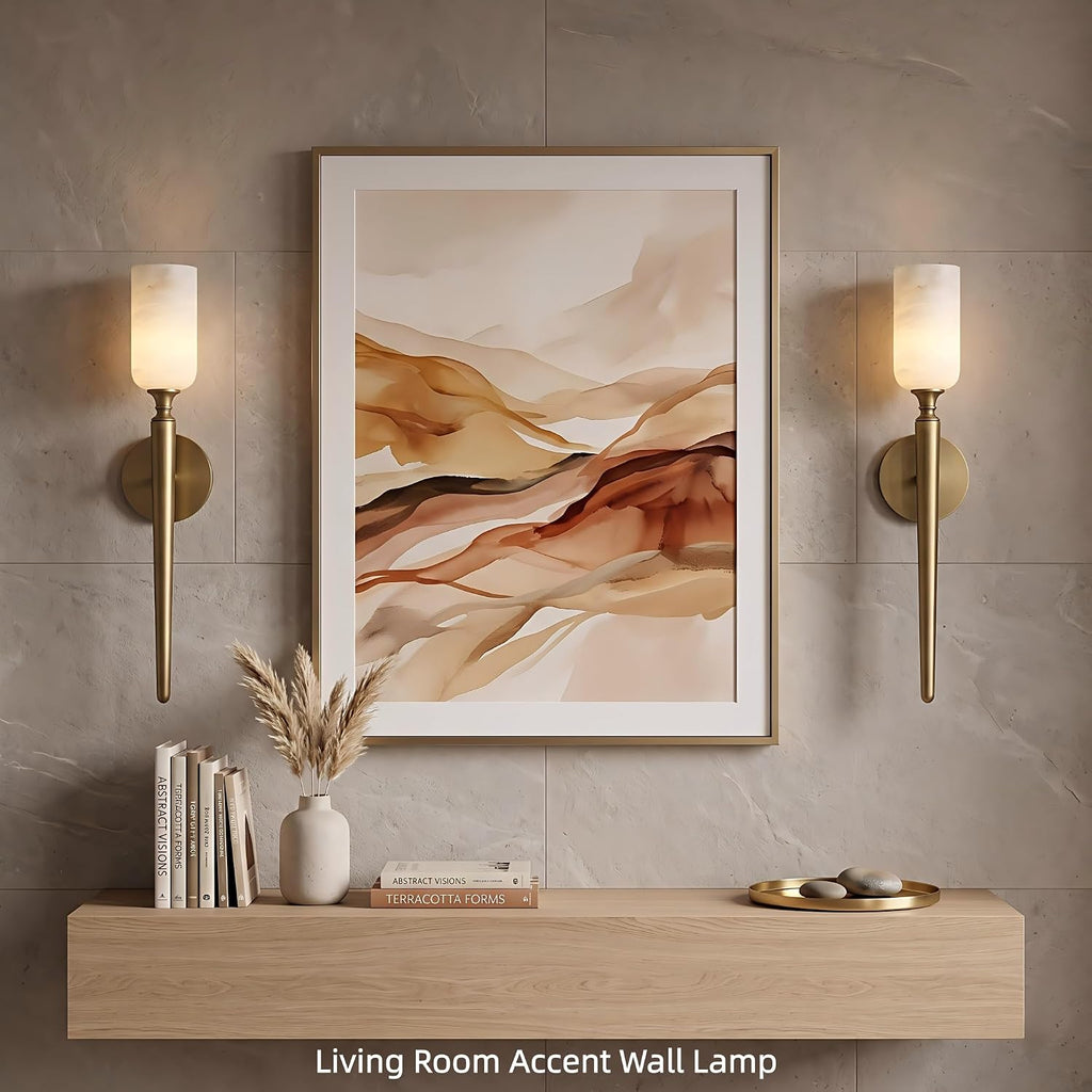 Alabaster Wall Sconces Set of Two, 22in Modern Spanish Natural Marble Bathroom Vanity Sconces, Brass Alabaster Sconce Wall Lighting, Gold Wall Light Fixtures Decor for Bedroom Living Room Staircases