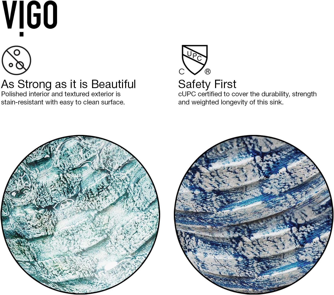 Vigo Vessel Sink Oceania Blue - 17' Artistic Round Bowl Sink for Bathrooms, Tempered Glass Above Counter Bathroom Sink with NonStickShield, QuickDrain & TempGuard, Modern Luxury Design