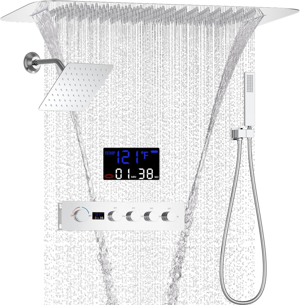 AYIVG Chrome 4 Function Dual Shower Head System 16 X 24 Inch Rainfall Waterfall And 8 Inch Wall Mount With Handheld shower head Digital Display Shower Valve Set