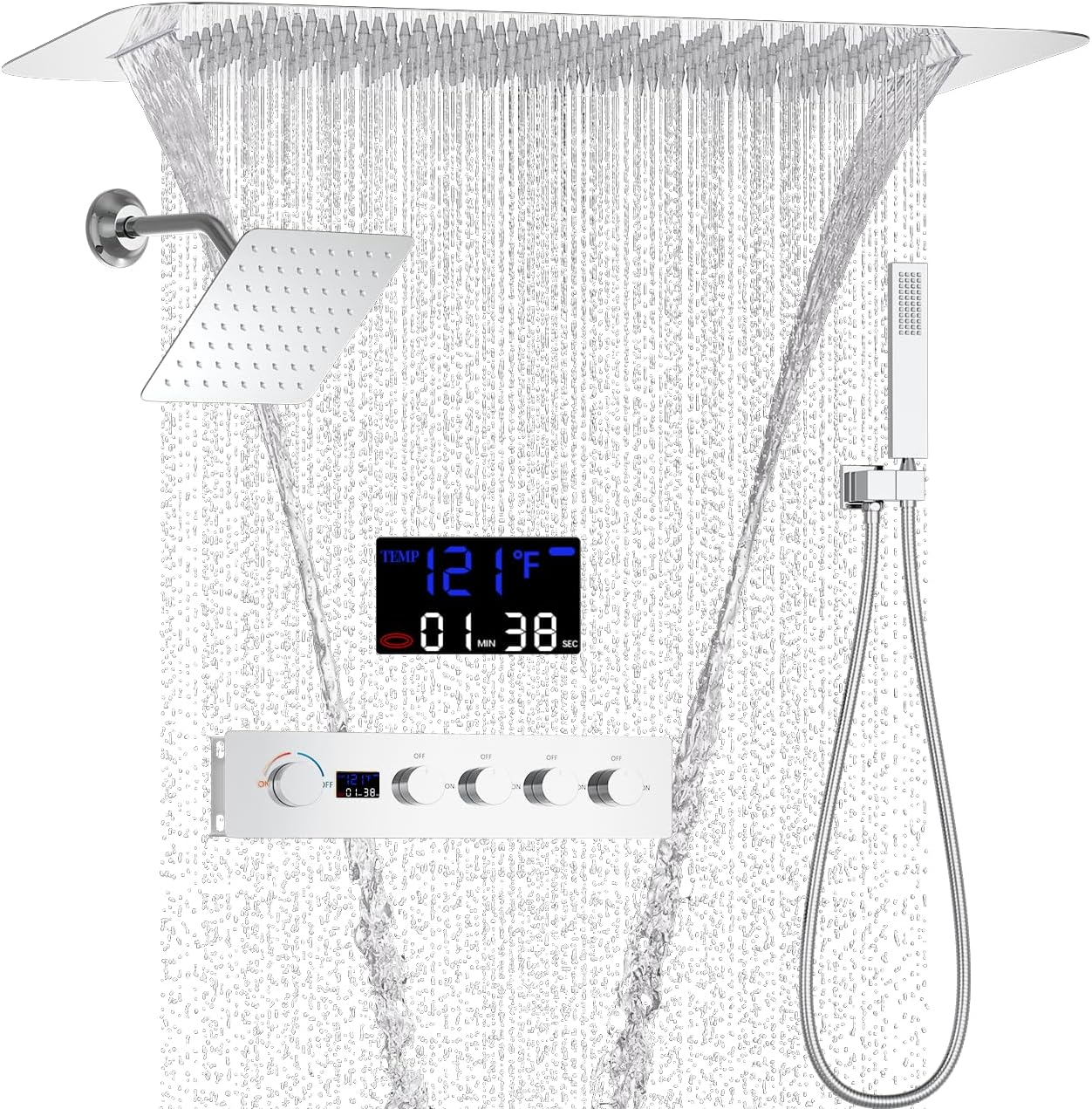 AYIVG Chrome 4 Function Dual Shower Head System 16 X 24 Inch Rainfall Waterfall And 8 Inch Wall Mount With Handheld shower head Digital Display Shower Valve Set