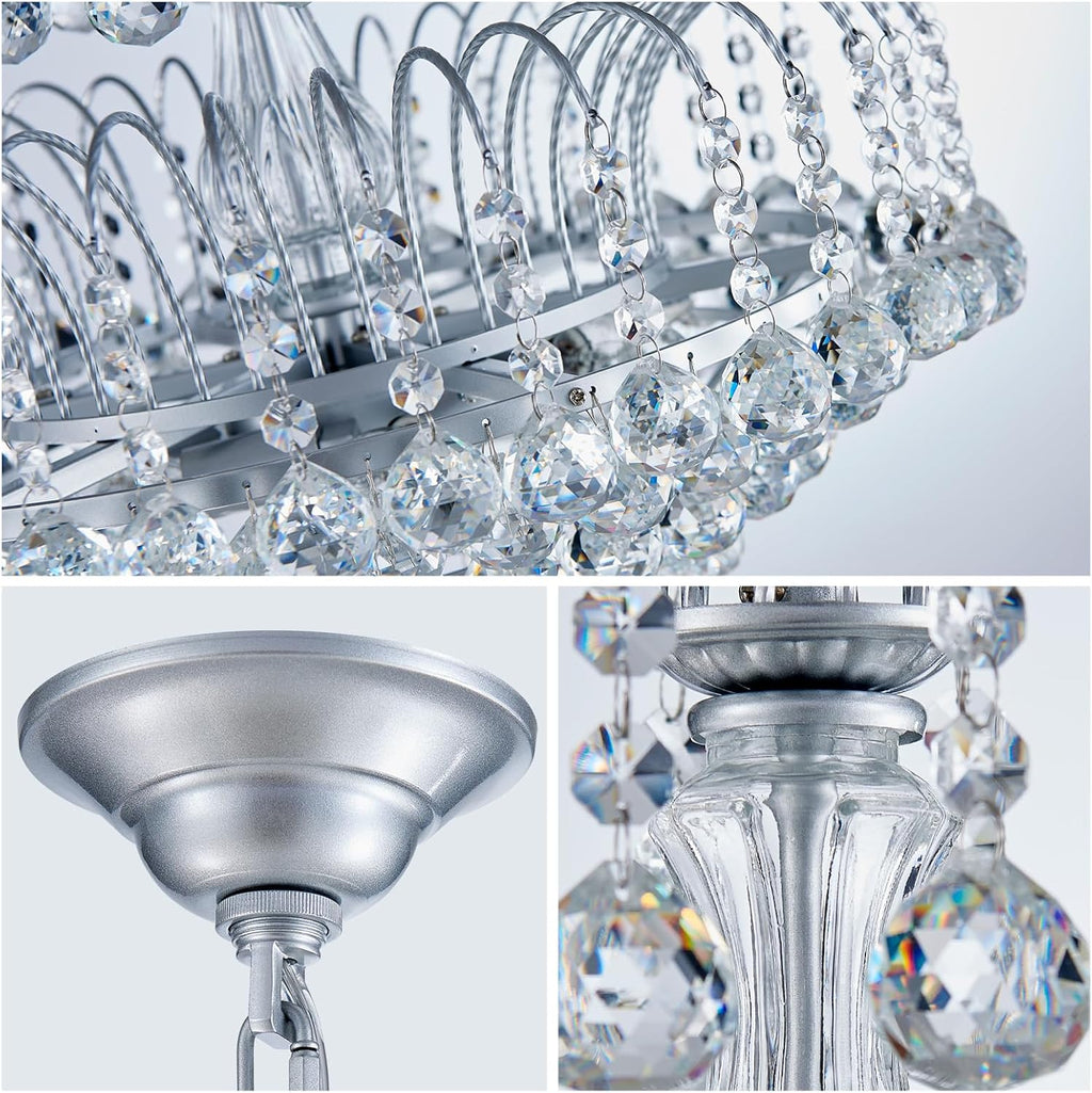 WUZUPS Crystal Chandelier Pendant Flushmount Ceiling Light Modern Lighting Fixture for Bedroom Hallway Bar Kitchen Bathroom, H 17.3' x W 18.9', Silver, E12 Base