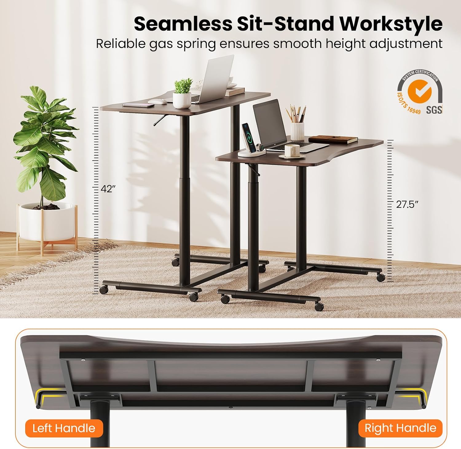Tangkula Mobile Standing Desk, C-Shaped Sit Stand Desk with Adjustable Height, Lockable Wheels & Metal Frame, Rolling Laptop Desk, Portable Computer Workstation for Small Space