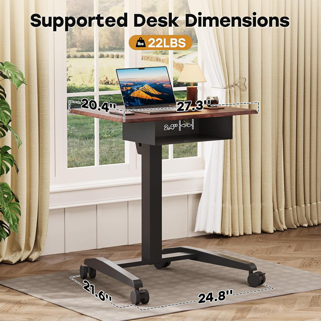 JOY worker Height Adjustable Rolling Laptop Desk with Shelf,Mobile Standing Desk,Pneumatic Mobile Laptop Table with Wheels for Couch Home Office School,Holds Up to 22lbs,Dark Walnut