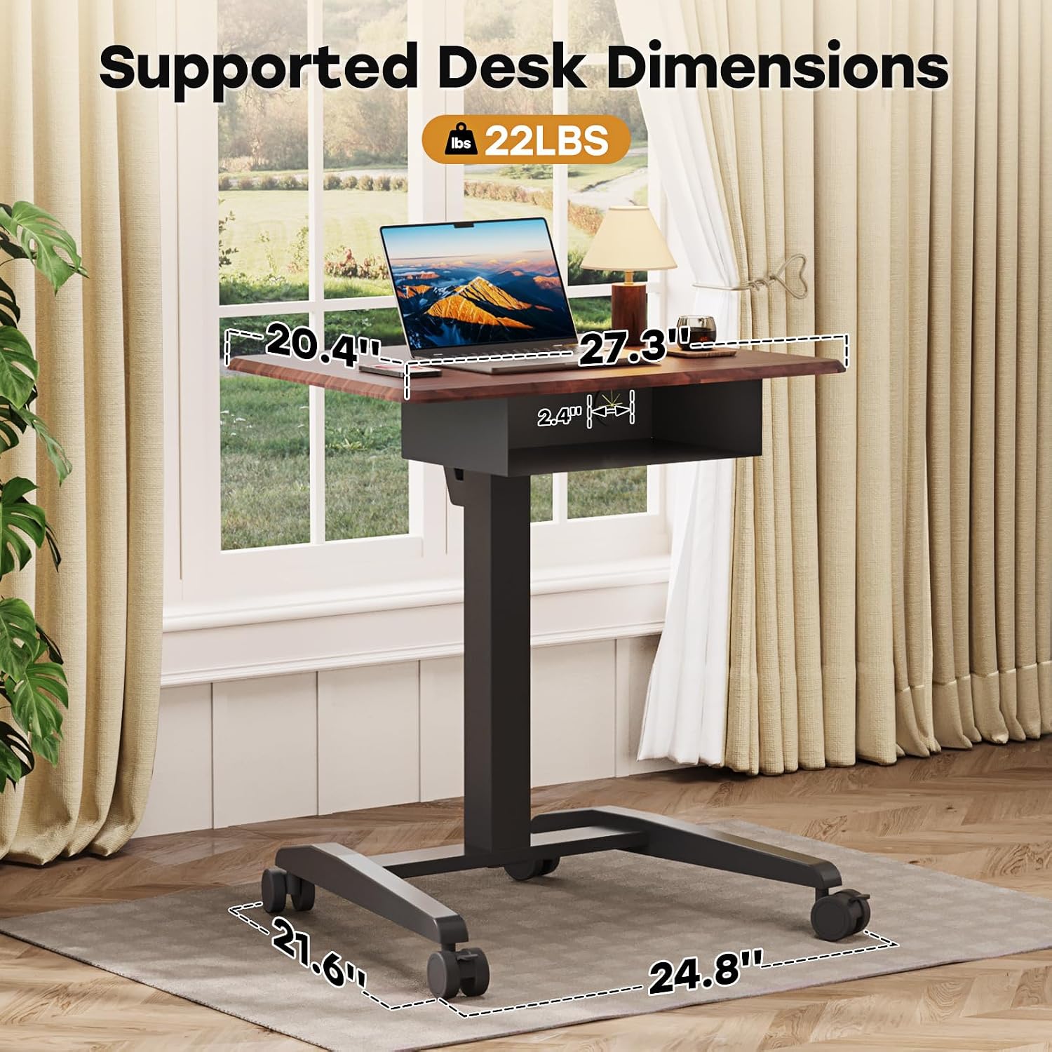 JOY worker Height Adjustable Rolling Laptop Desk with Shelf,Mobile Standing Desk,Pneumatic Mobile Laptop Table with Wheels for Couch Home Office School,Holds Up to 22lbs,Dark Walnut
