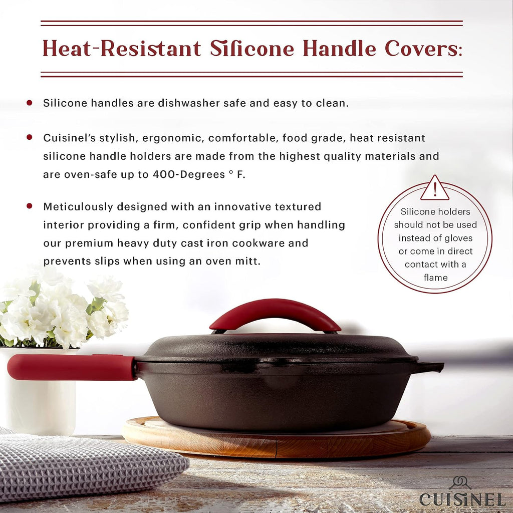 Cuisinel 12' + 10' + 8'-Inch Cast Iron Skillets Set with Braiser Lids + Silicone Handle Grips + Pan Scraper - Indoor/Outdoor Pre-Seasoned Kitchen Cookware - Oven, Fire, Stove Safe