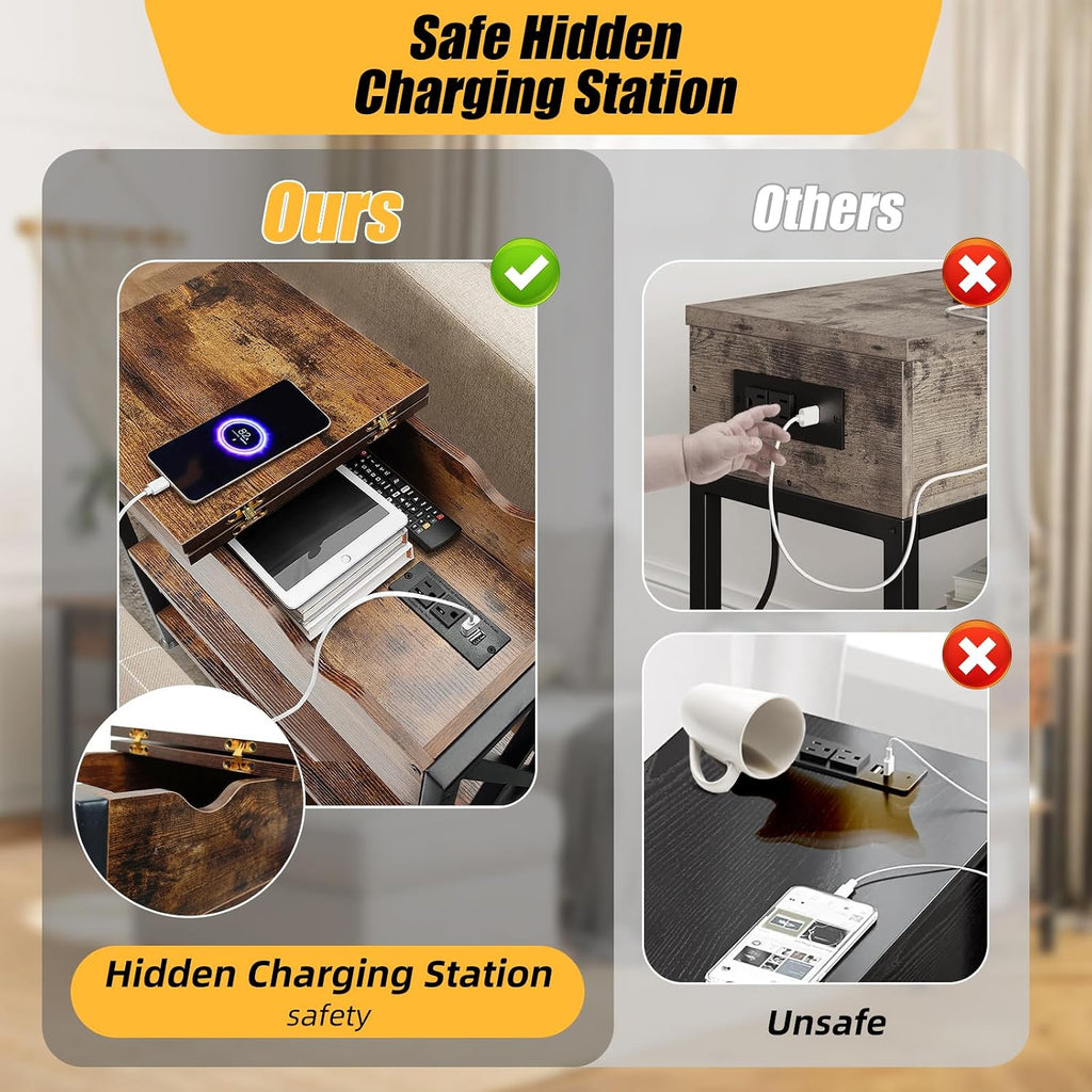 TooCust Flip Top End Table with Charging Station Set of 2, 12' D×21' W×26' H Small Side Tables with Storage & Shelves, Compact Side Table for Small Spaces, End Tables Living Room Set of 2, Brown