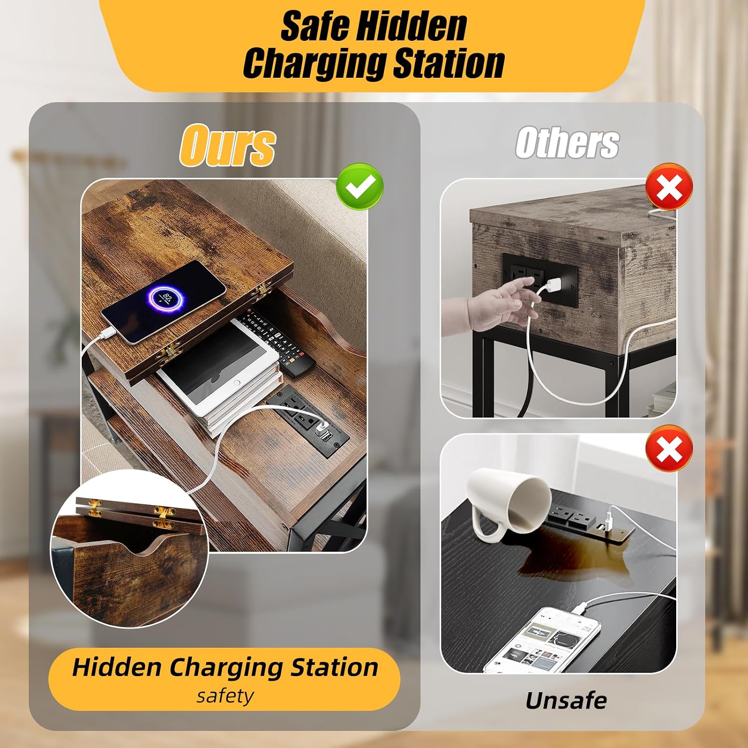 TooCust Flip Top End Table with Charging Station Set of 2, 12' D×21' W×26' H Small Side Tables with Storage & Shelves, Compact Side Table for Small Spaces, End Tables Living Room Set of 2, Brown