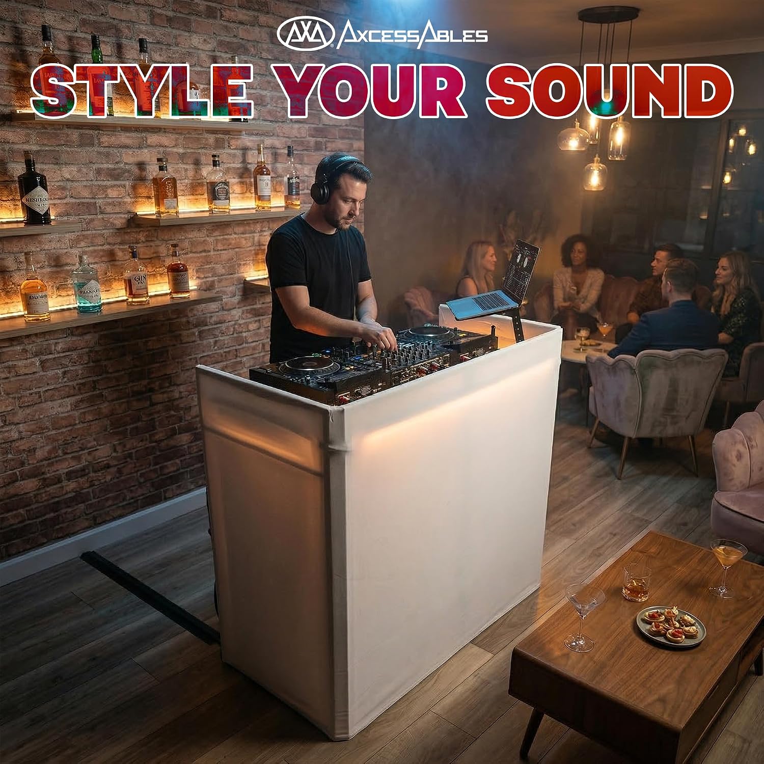 AxcessAbles Portable White DJ Facade Booth with Carry Case – 40' x 20' Tabletop, Steel Frame, and White Scrim | White DJ Table | Event Booth (ES-01X)